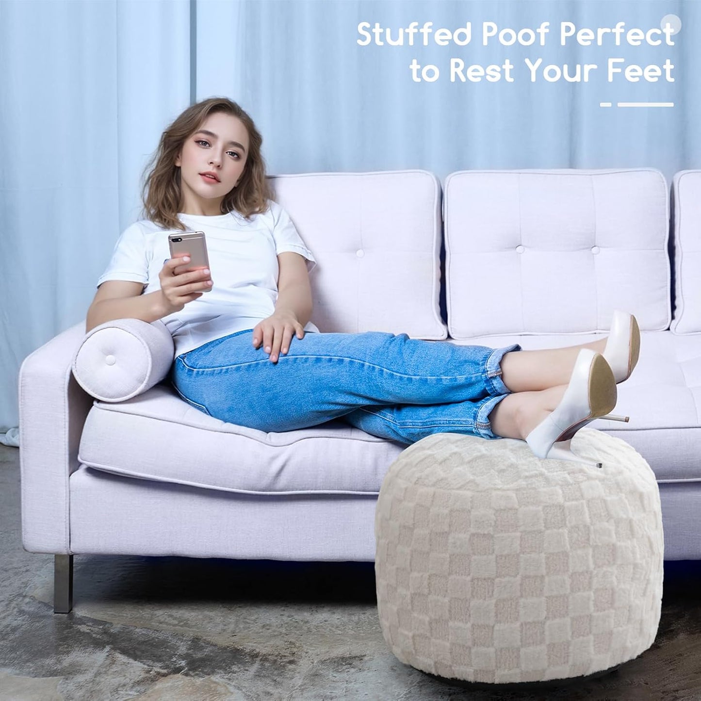 HIGOGOGO Round Stuffed Pouf Ottoman, Plaid Poufs with Foam Chunk Filling, Fluffy and Furry Pouf Foot Stool Storage Ottoman, 20 X 15 Floor Poufs Foot Rest for Living Room, Beige