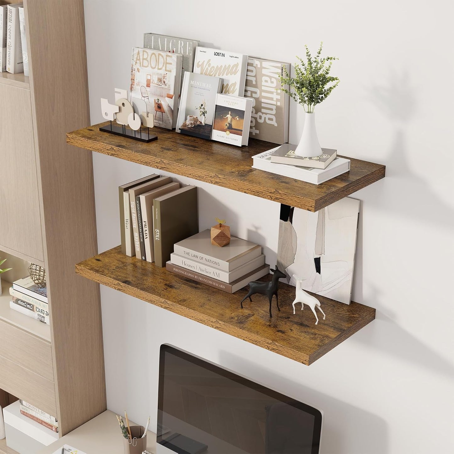 36" Floating Shelves for Wall, 12" Deep Slim Rustic Brown Floating Shelves, Wall-Mounted Shelves for Bedroom, Living Room, Kitchen, Bathroom - Set of 2