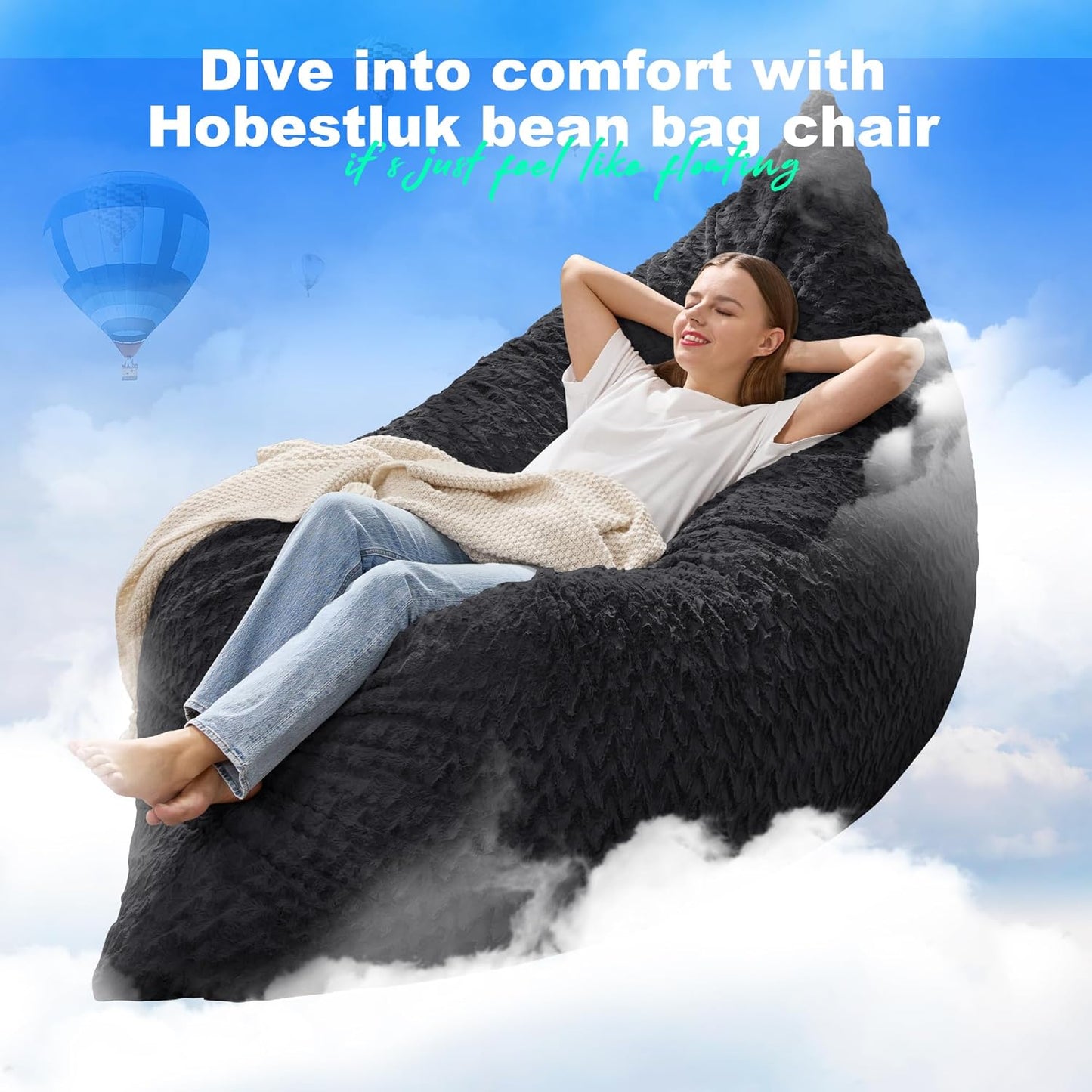 Hobestluk 3 in 1 Bean Bag Chair Giant Bean Bag Chairs for Adults with Chevron Plush Fur Cover Convertible Bean Bag Floor Cushion with Machine Washable Cover for Living Room (Chevron Plush Black)