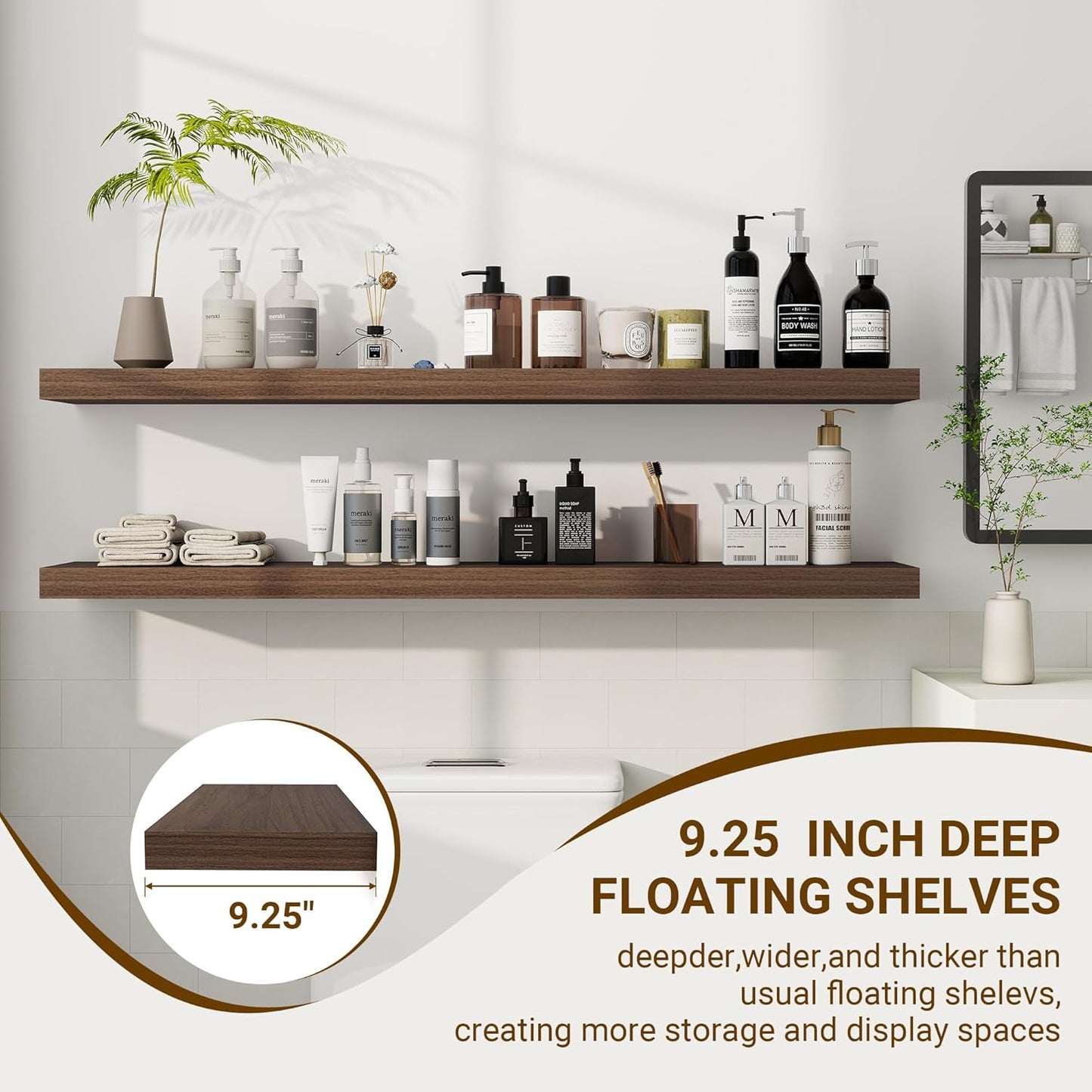 48 Inch Floating Shelves, 48"x9.25"x1.5" Inch Deep Floating Shelves for Wall, Wooden Shelves for Bathroom, Bedroom, Living Room, Walnut