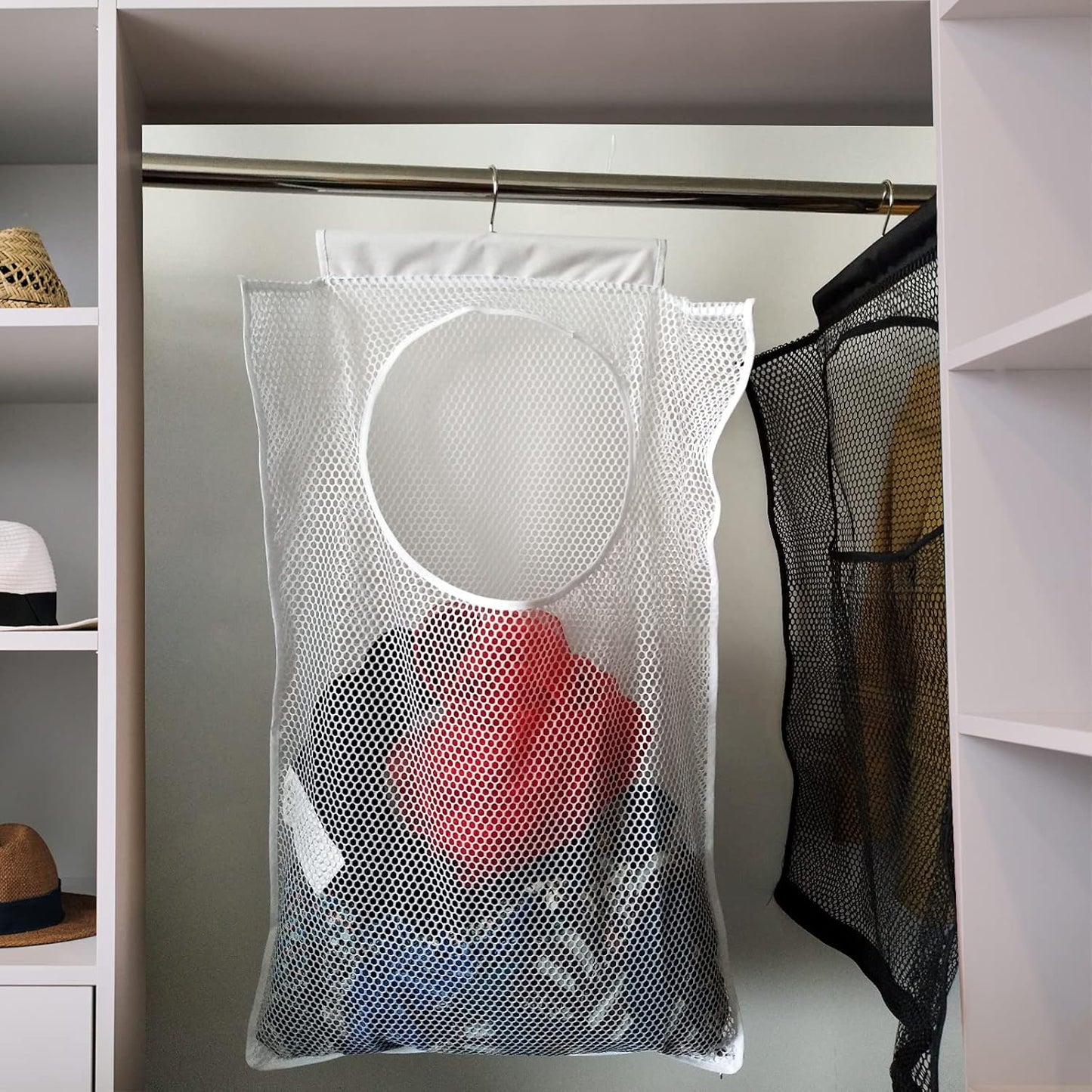 Hanging Mesh Laundry Hamper (30in*20in*2in) Large Dirty Clothes Bag, Can Be Used Behind The Door & Closet & Caravan& Bathroom (White)