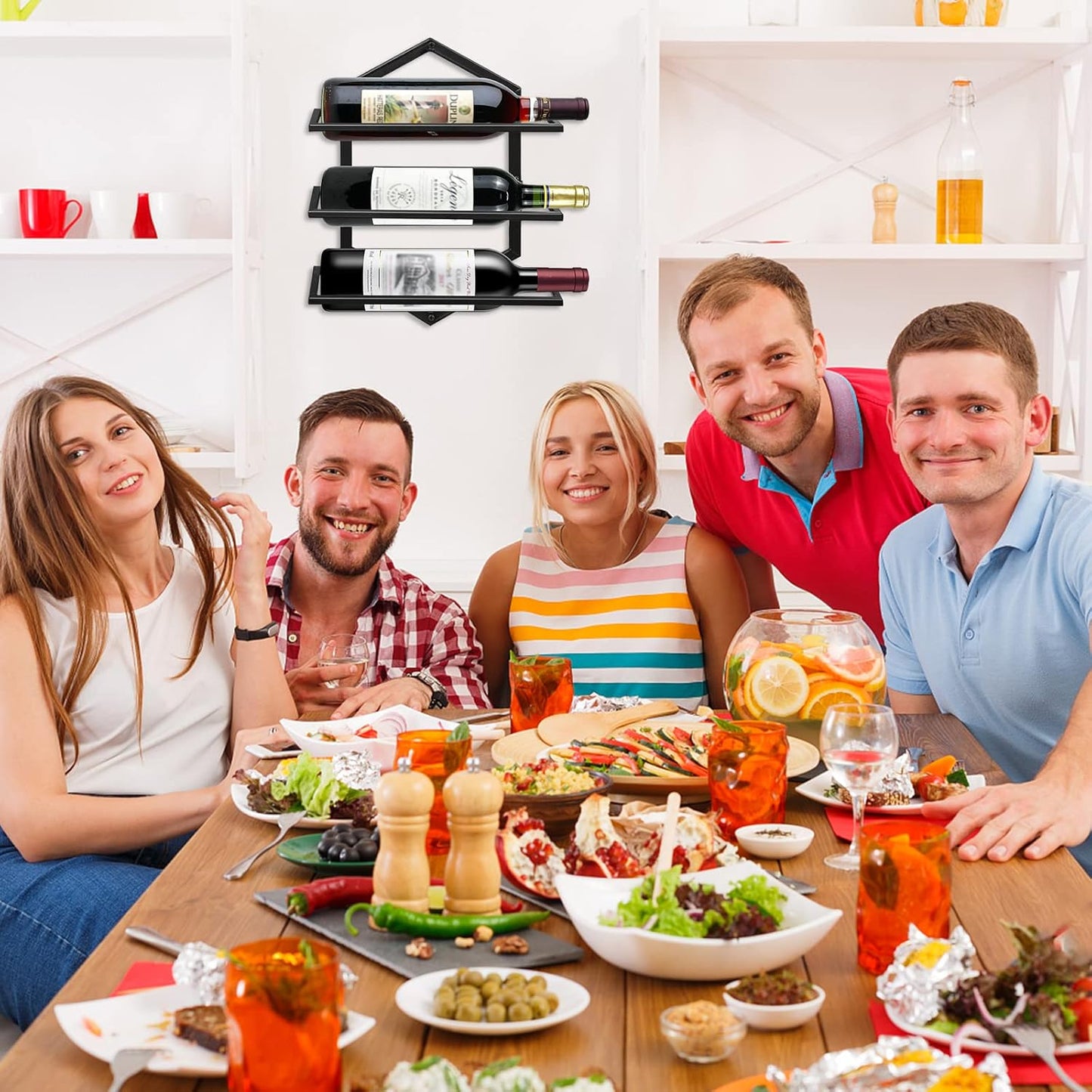 2Pcs Wall Mounted Wine Stemware Rack, Metal Hanging Wine Glass Display Holde Holds 3 Bottles, Elegant Storage for Kitchen Dining Room Bar Wine Cellar