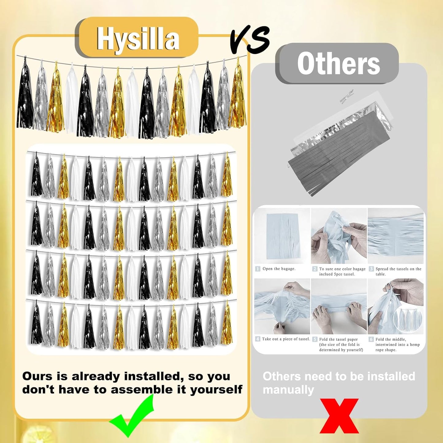 3P Black Gold Silver Foil Fringe Metallic Tassel Garland, Tassels Banner Streamers for Parade Floats, Bachelorette, Wedding, Birthday, Halloween, Christmas, Bridal/Baby Shower Party Decorations