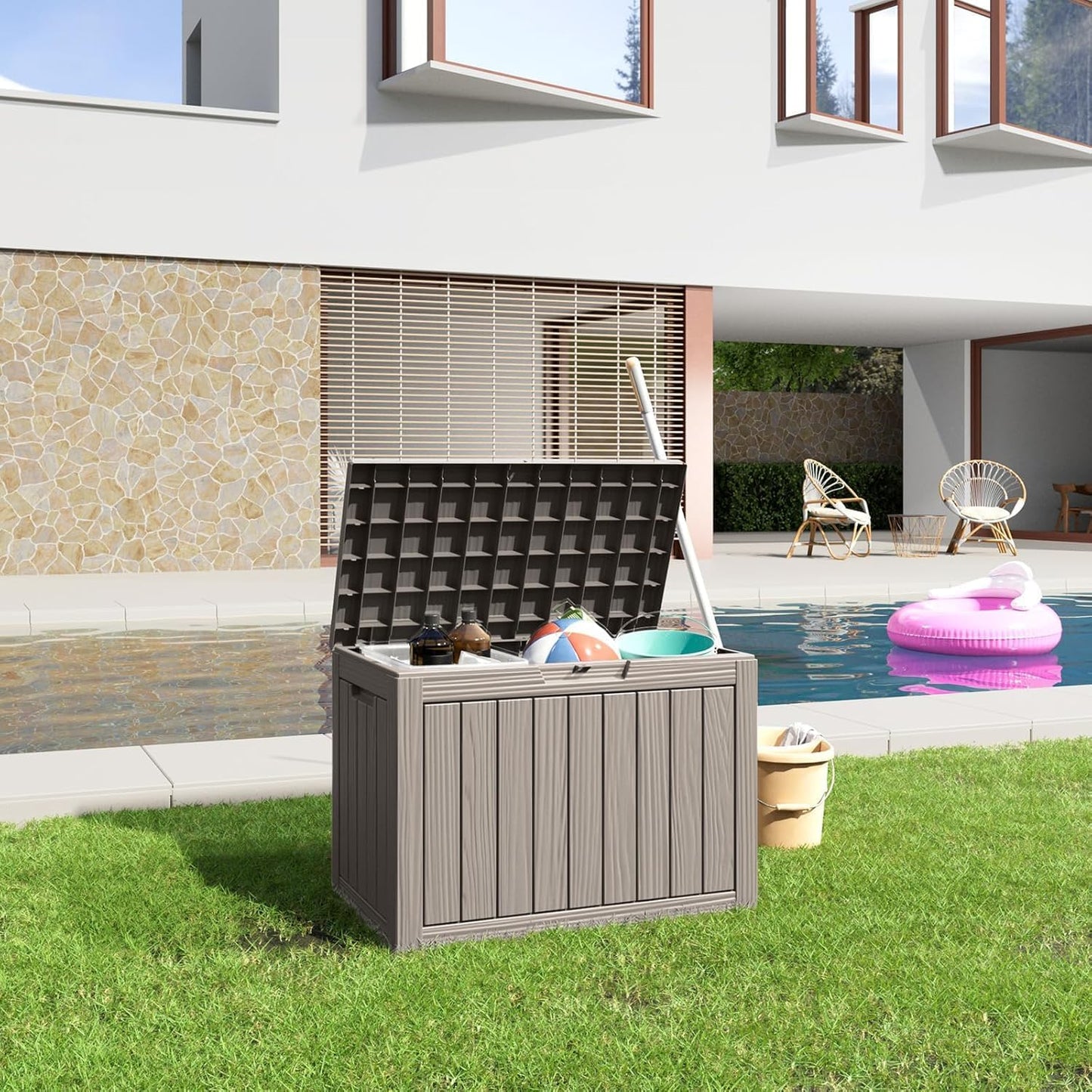 45 Gallon Deck Box,Resin Outdoor Storage Box with Lockable for Patio Furniture, Pool Accessories, Garden Tools Waterproof Outside Storage Box, Black