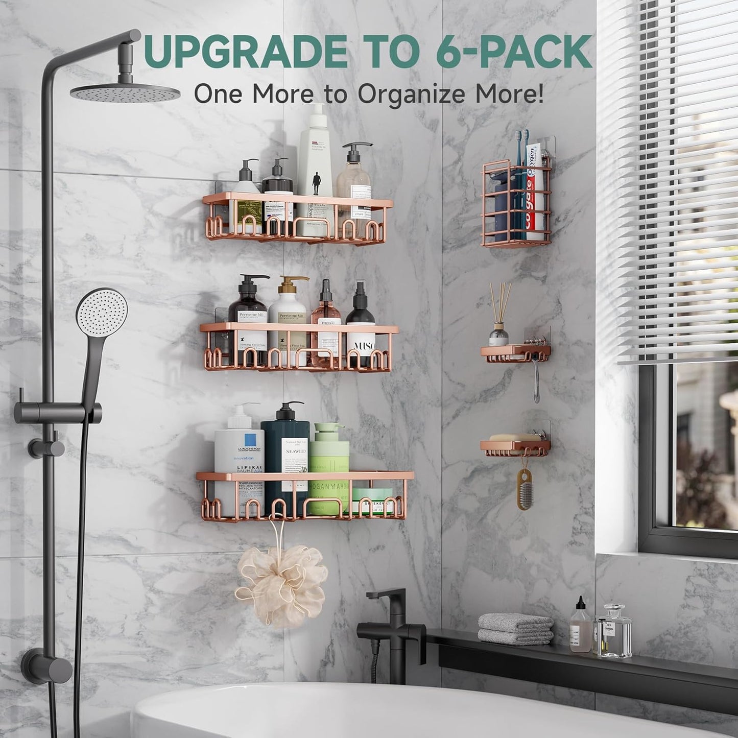 Veken Shower Caddy 6-Pack, No Drilling & Rustproof, Waterproof Adhesive Shelves Rack with Soap Holder, Large Capacity Bathroom Organizers and Storage, Wall-Mounted Kitchen & Home Decor