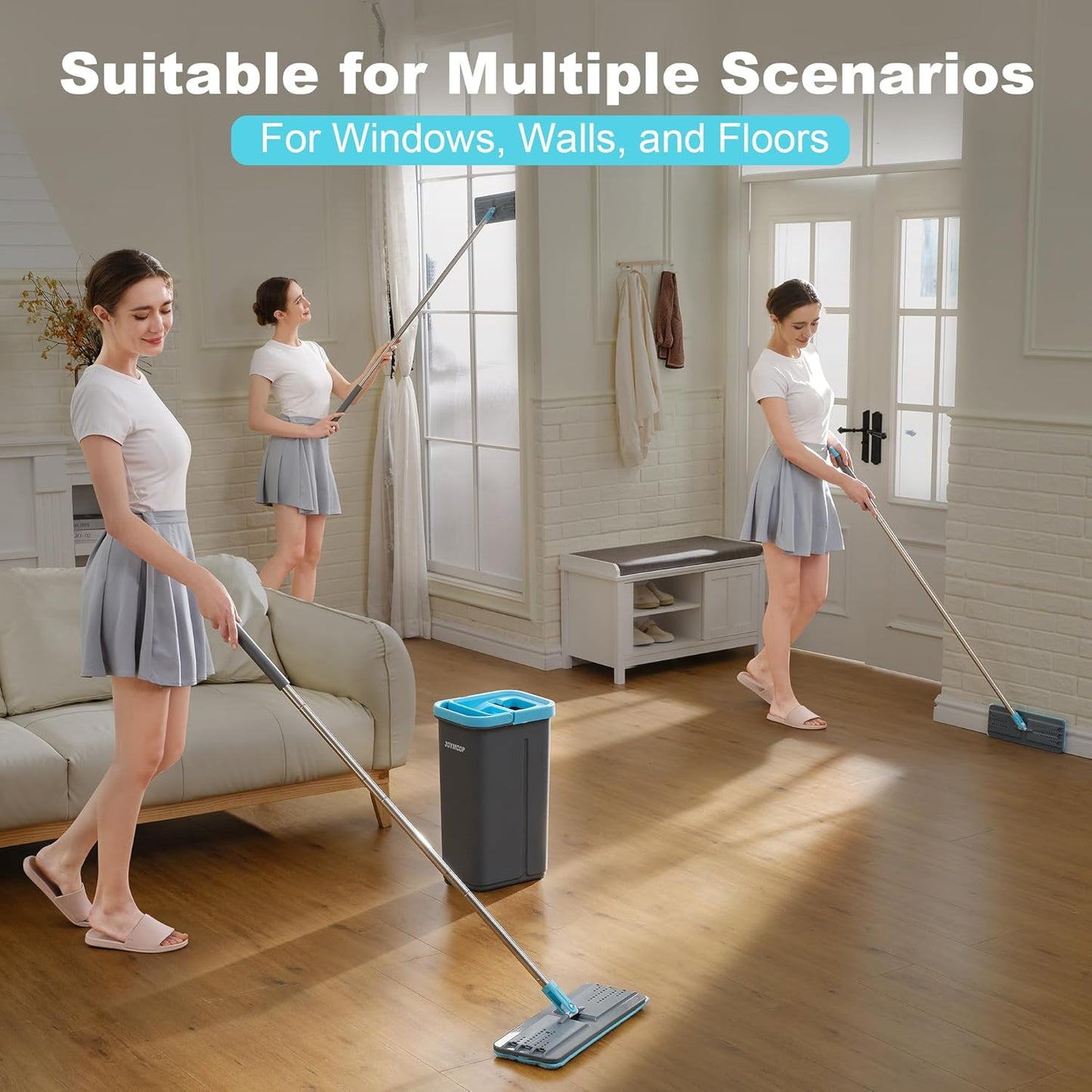 JOYMOOP Mop and Bucket Set with Wringer, with 5 Reusable Microfiber Mop Pads, Mops for Floor Cleaning and Wall Cleaning, Hands-Free Flat Mop for Home Use - Grey+Cyan Blue