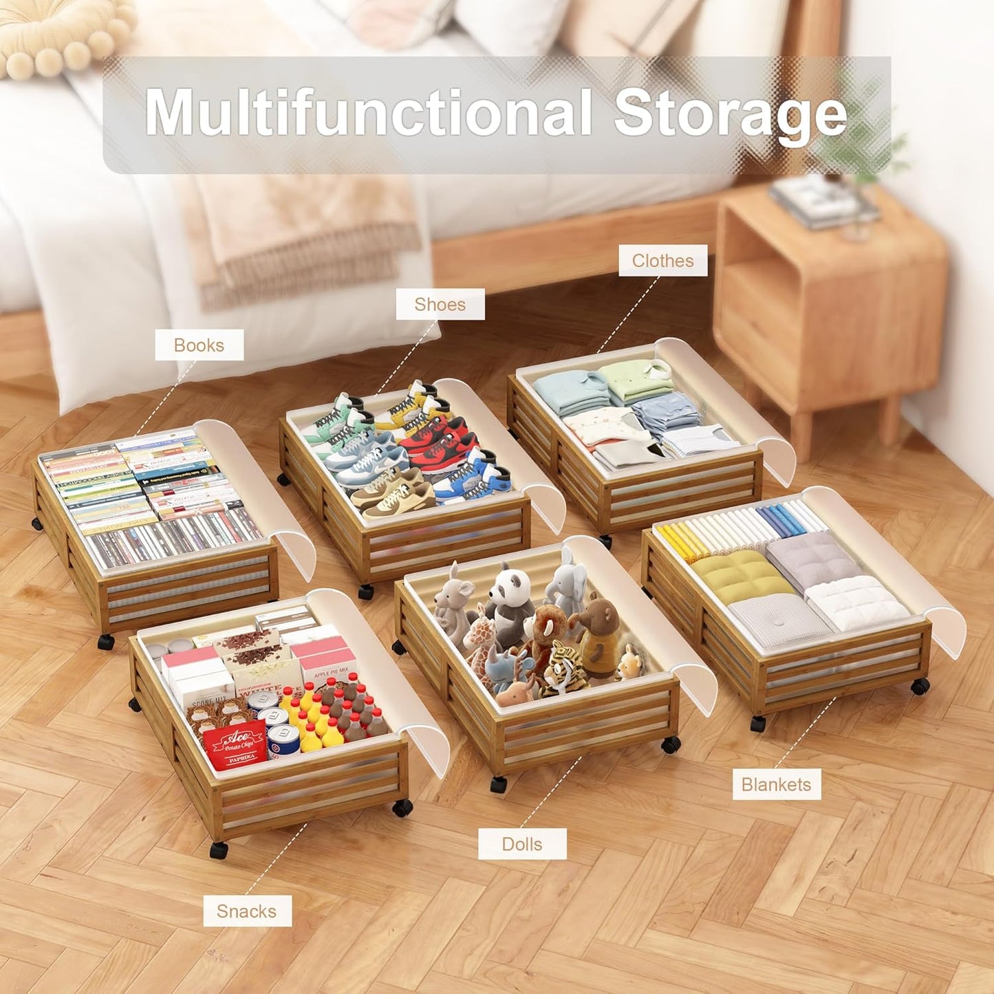 Under Bed Storage with Wheels-Large Bamboo Underbed storage Containers with Large Dust Bag Stackable Under the Bed Shoe Storage Bins for Clothes Books Bedding (2 Packs walnut, 23.62"L×16.54"W× 6.51"H)