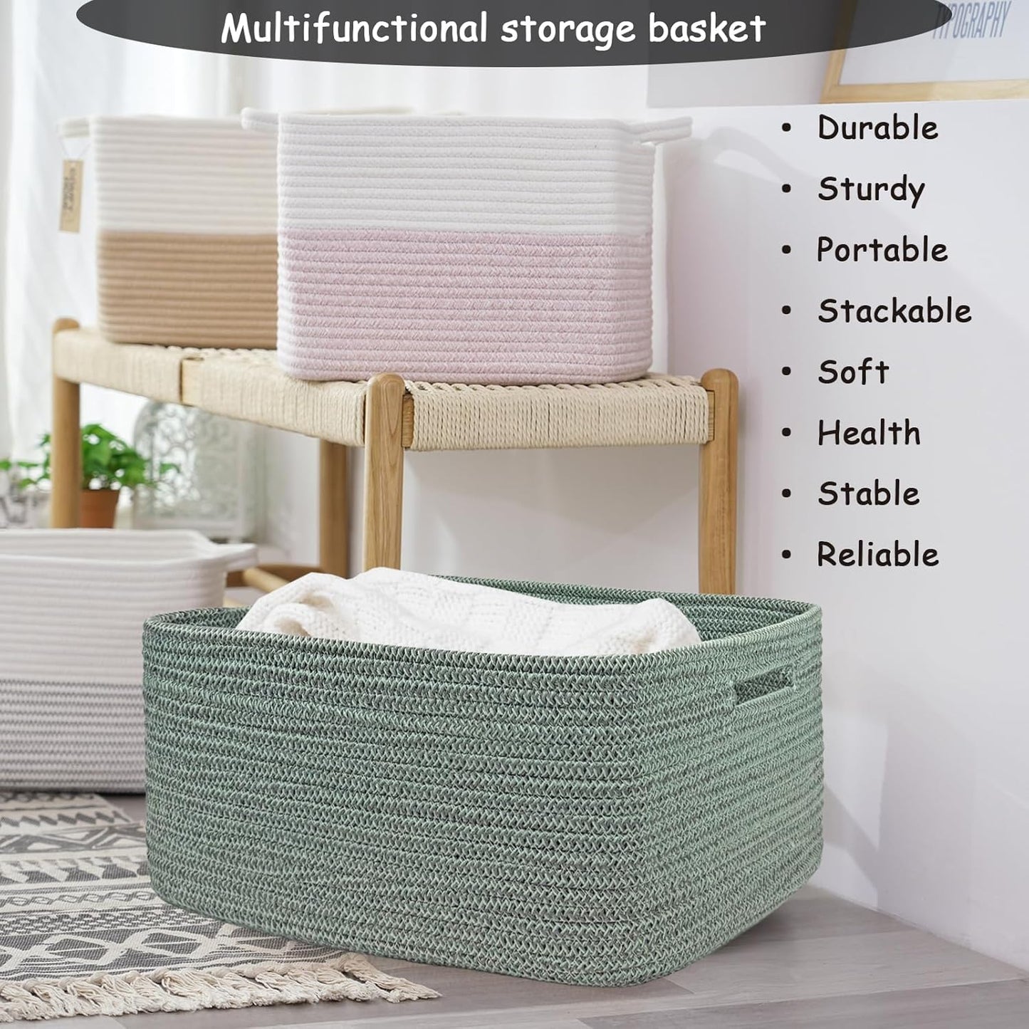COMFY-HOMI Cotton Rope Woven Basket with Handles for Shelves,Toys,Book, Cloth Storage Baskets for Organizing-17" x 13" x 7.5" Toy Decorative Organizer for Living Room, Bathroom (Green)