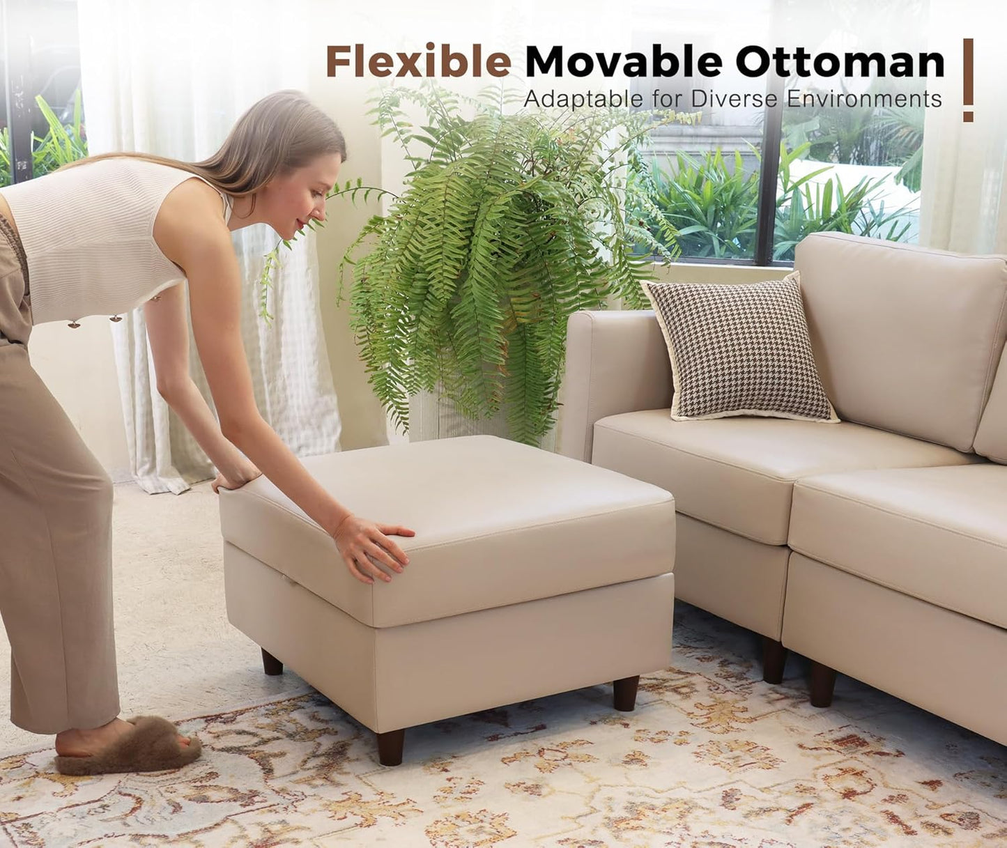 118.5" Faux Leather Modular Sectional Sofa, L Shaped Couch Set for Living Room, 6-Seater Comfy Cloud Couches with Movable Storage Ottoman Whitesand