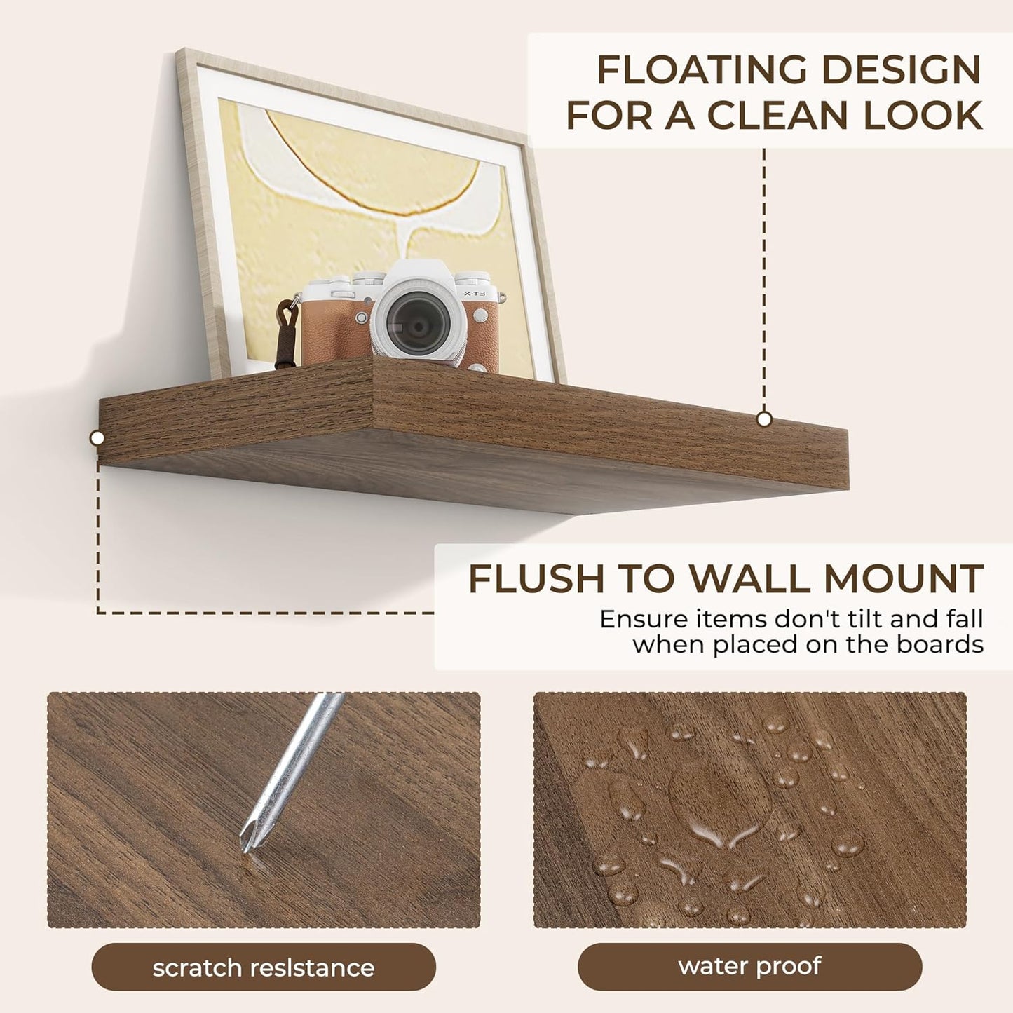 RICHFOCUS 16Inch Floating Shelves for Wall 2 Pack Shelves for Bedroom|Kitchen|Bathroom Wall Mounted Rustic Wood Floating Shelf with Invisible Brackets for Books|Storage|Decor, Walnut