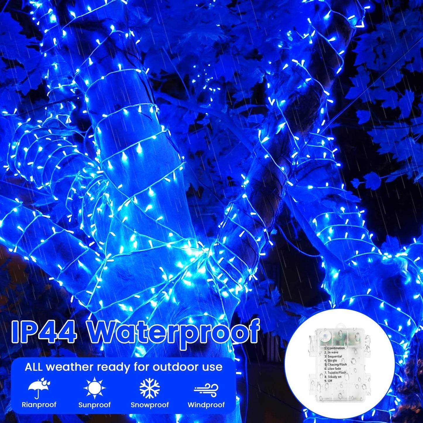 2 Pack Halloween String Lights Battery Operated with Timer, 66FT 200 LED Waterproof Battery Twinkle Lights, 8 Modes Fairy Light for Indoor & Outdoor Party Bedroom Garland Tree Christmas Decor (Blue)