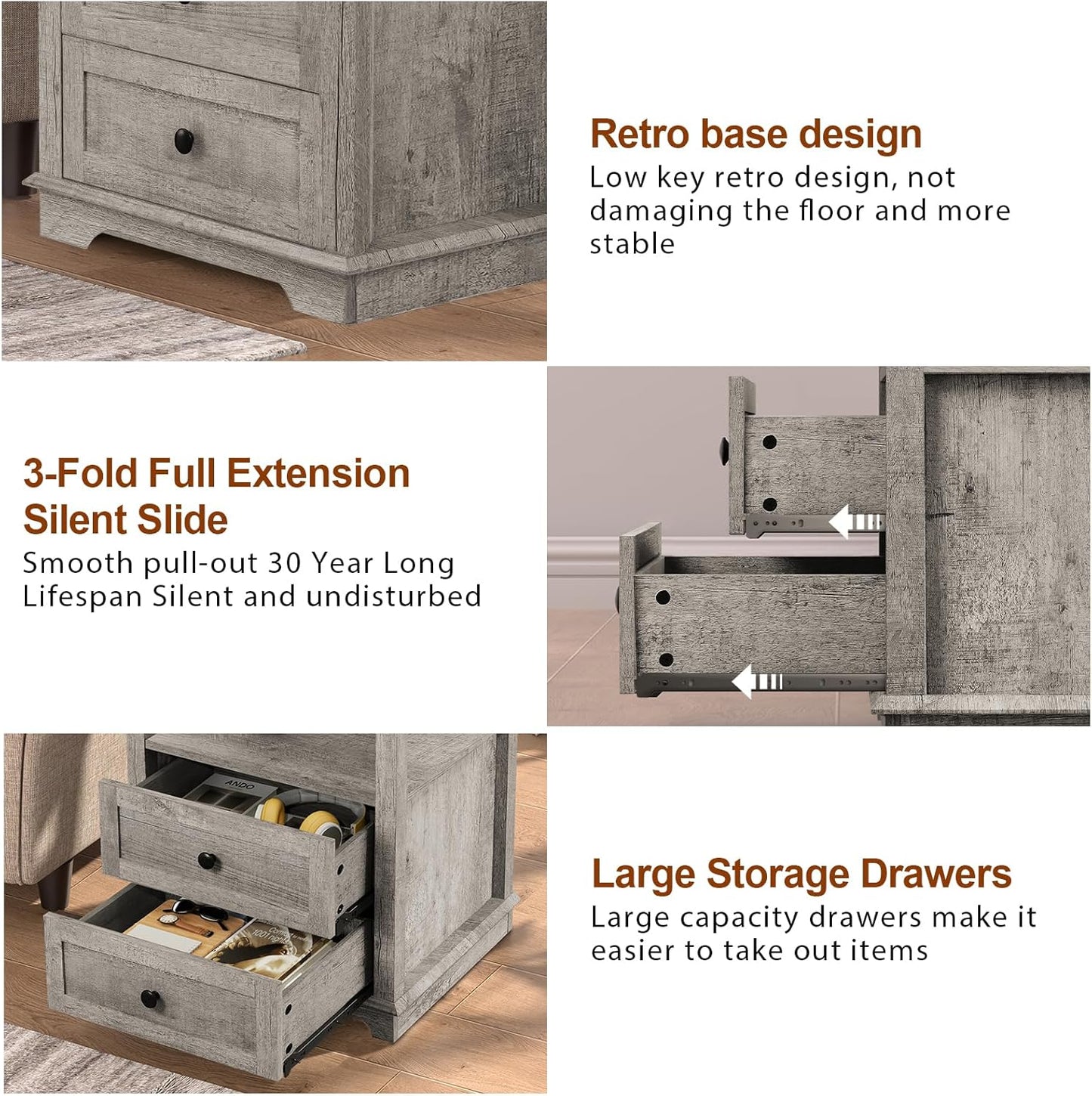 HIFYOBRO Large End Table Set of 2, 2 Drawers and Hidden Charging Station, Type-C & USB Port & Power outlets, Wooden End Table, Side Table with Storage for Living Room and Bedroom