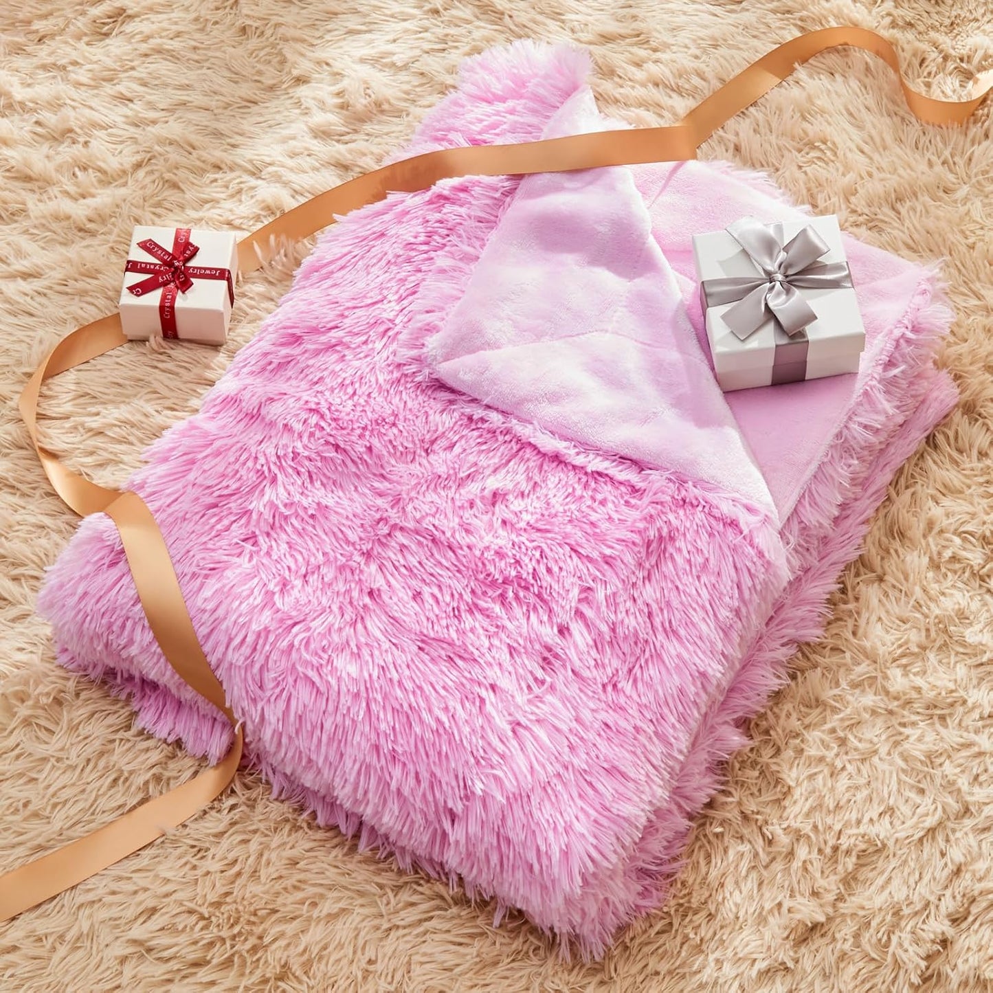 GONAAP Fuzzy Faux Fur Throw Blanket Queen Size Light Pink Super Soft Cozy Plush Fuzzy Shaggy Blanket for Couch Sofa Bed (Light Pink, Queen(90"x90"))