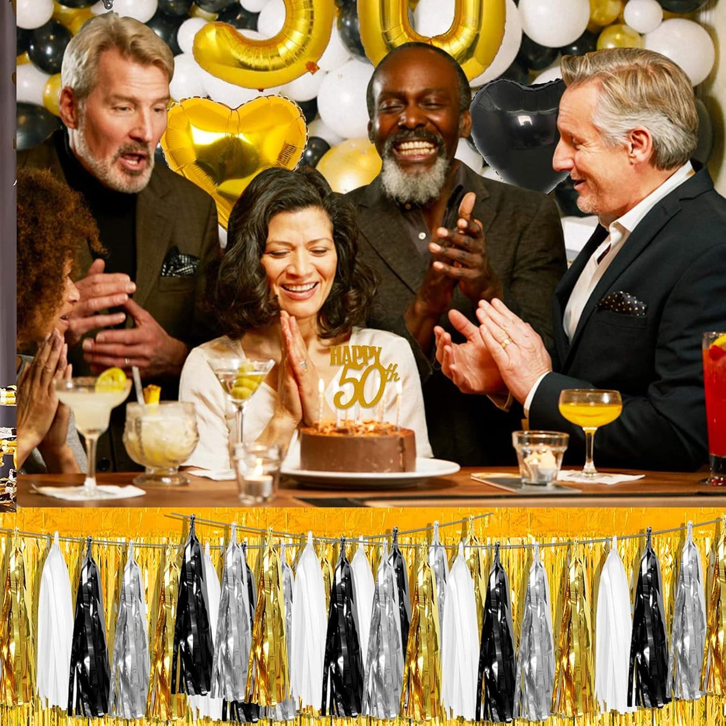 4P Navy-Blue White-Gold Foil Fringe Metallic Tassel-Garland, Tassels Banner Streamers for Parade Floats, Bachelorette, Wedding, Birthday, Halloween, Christmas, Bridal/Baby Shower Party Decorations