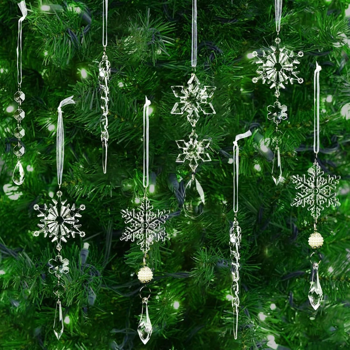 18pcs Christmas Tree Decoration Crystal Ornaments - Hanging Acrylic Christmas Snowflake Icicle Drop Crystal Ornaments for Xmas Tree Winter New Year Party Supplies