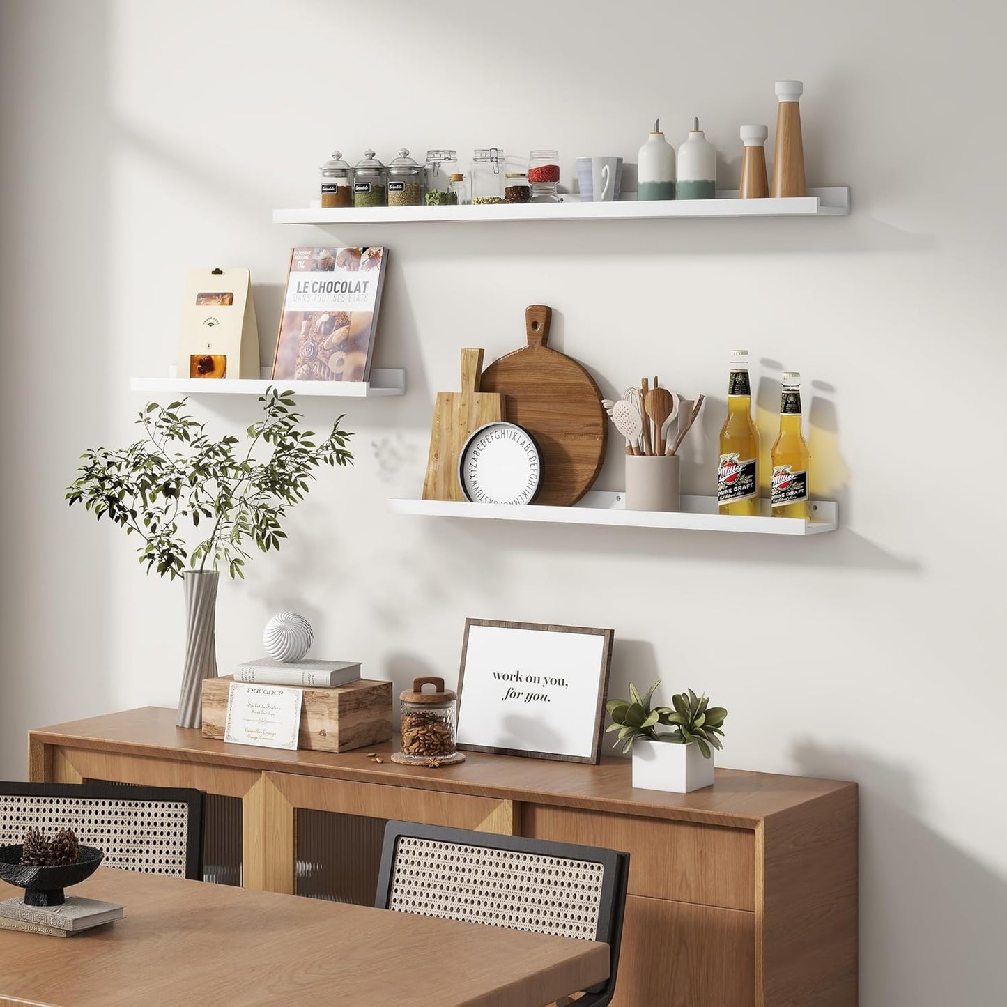 Picture Ledge Shelf for Wall, 24 inches Solid Pine Wood Nursery Book Shelves 3 Packs, Floating Ledge Shelves for Kids' Room Bedroom Bathroom Living Room Photo Frames Office Nursey Wall Decor, White