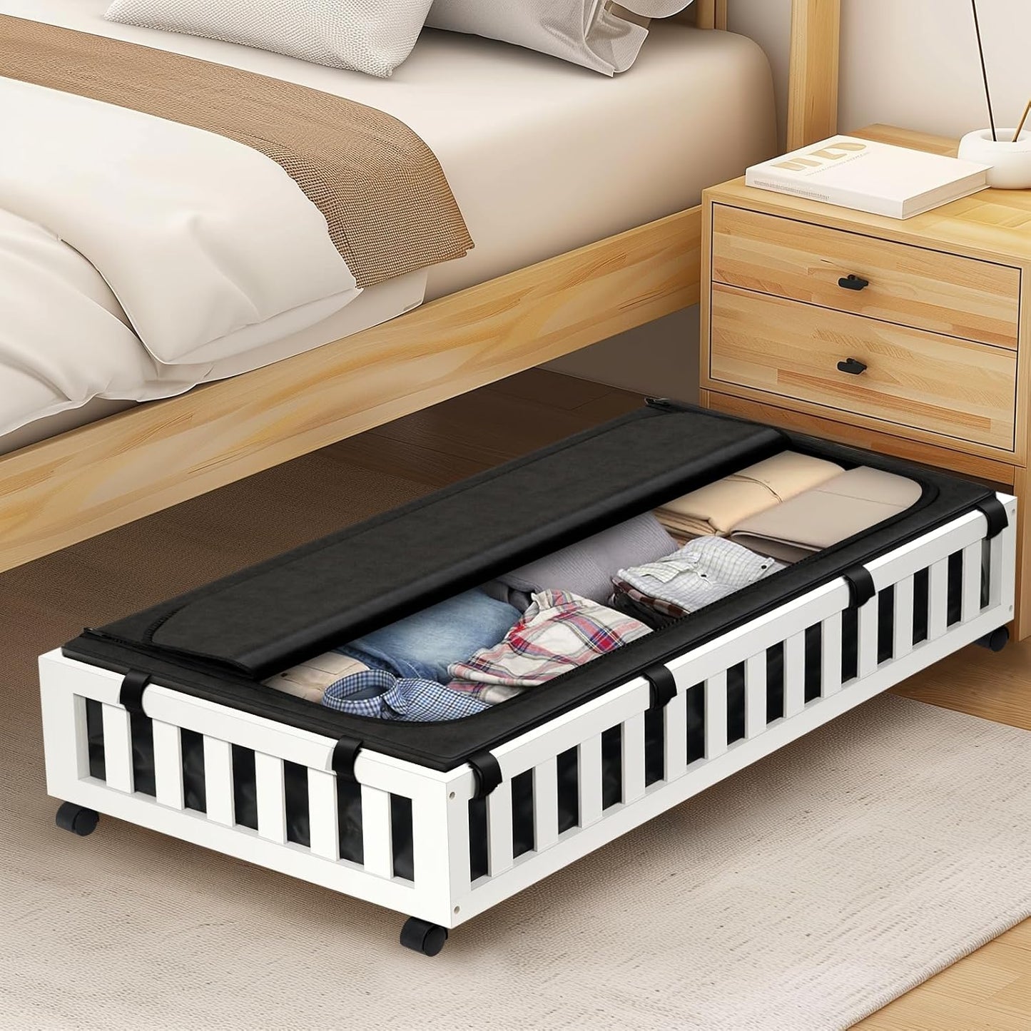 2 Pack Bamboo Under Bed Storage with Wheels, 39”x20”x7.8” Lager Under Bed Storage Containers (White)