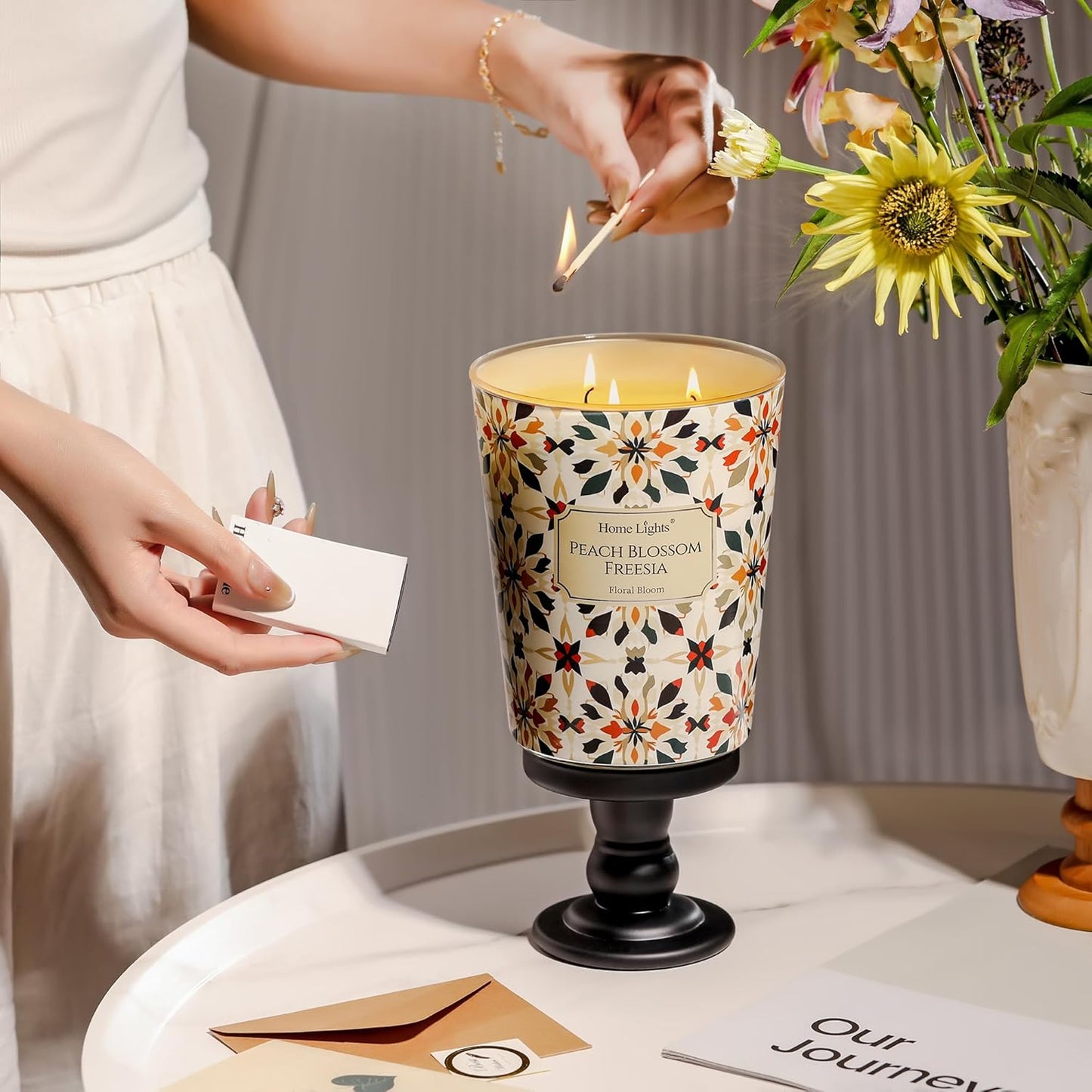 HomeLights 3-Wick Candles for Home Scented - 34oz Soy Wax Blend Candle Long-Lasting Fragrance, Bohemian Natural Textures Home Decor and Housewarming Gifts, Peach Blossom Freesia