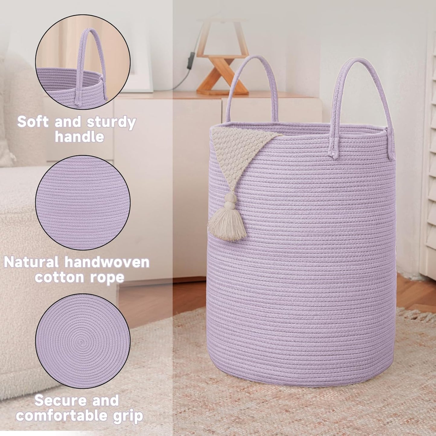 Large Woven Laundry Basket Hamper,100L Cotton Rope Storage Bin for Blankets,Toys and Clothes,Decorative Tall Nursery Hamper for Living Room,Baby Nursery,Bathroom and Bedroom,Purple