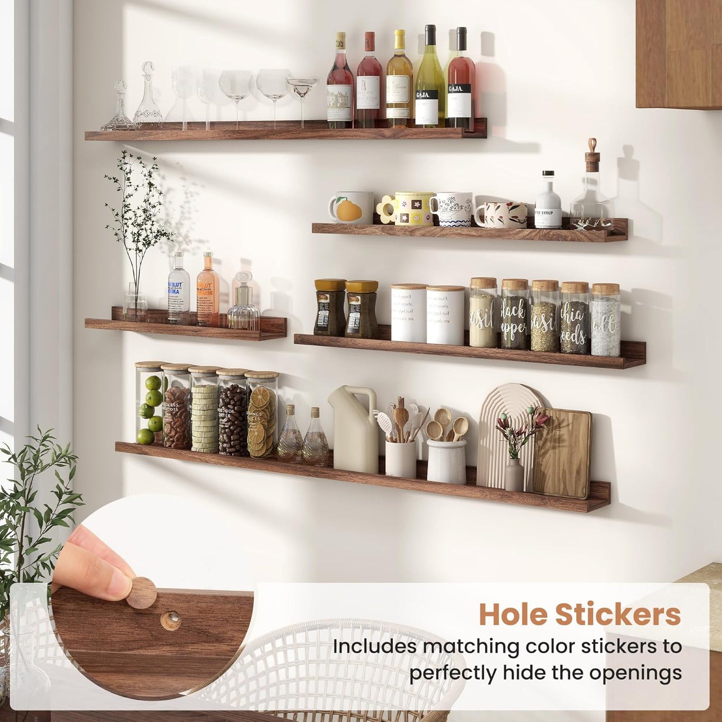 Fun Memories Picture Ledge Shelves Set of 2, 24 Inch Rustic Wall Mounted Floating Shelves with Lip for Home Storage and Décor in Bathroom, Kitchen, Nursery, Bedroom, Living Room, Walnut