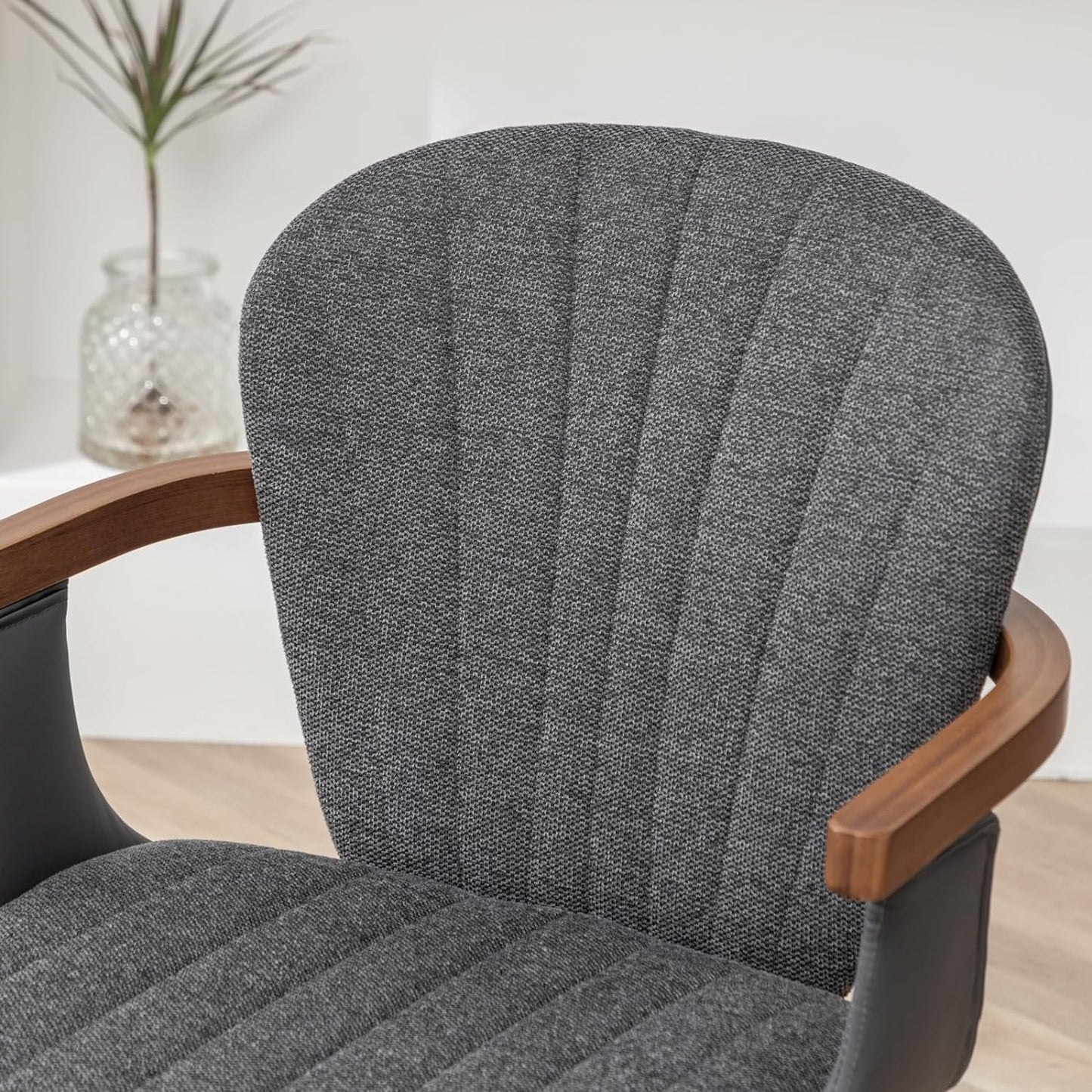 LUNLING Swivel Dining Chairs, Mid Century Modern Gray Fabric+Faux Leather Kitchen Chairs with Arms,Bamboo Legs Side Chairs No Wheels,Accent Chair for Dining Rooms and Offices(Gray Fabric,1PCS)