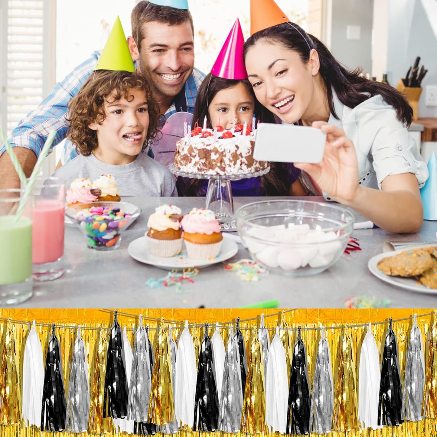 4P Black Gold Silver Foil Fringe Metallic Tassel Garland, Tassels Banner Streamers for Parade Floats, Bachelorette, Wedding, Birthday, Halloween, Christmas, Bridal/Baby Shower Party Decorations