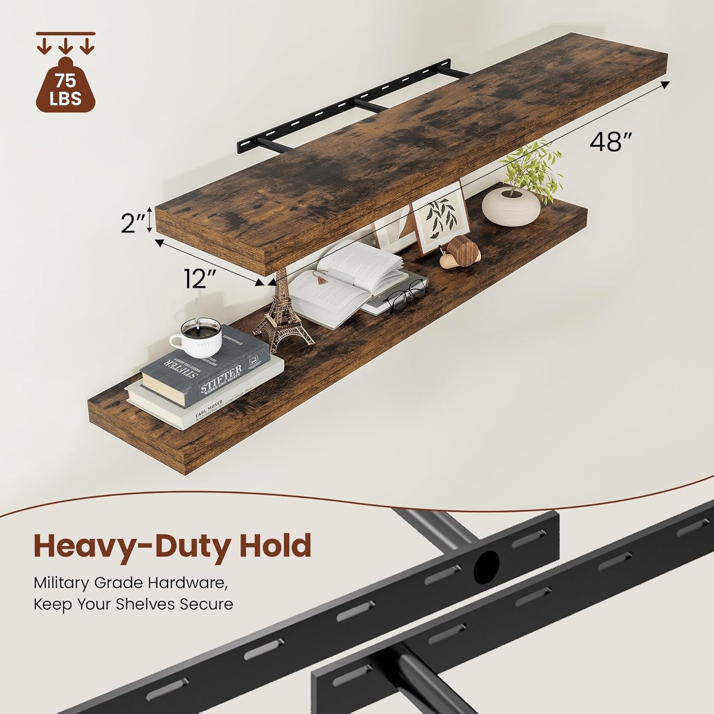 12" Deep Floating Shelves for Wall 48 Inches Long, Heavy Duty Wall Shelves for Bedroom Bathroom Kitchen Laundry Room, Farmhouse Rustic Shelves for Home Decor, 48" X 12" X 2" Set Of 2, Rustic Brown