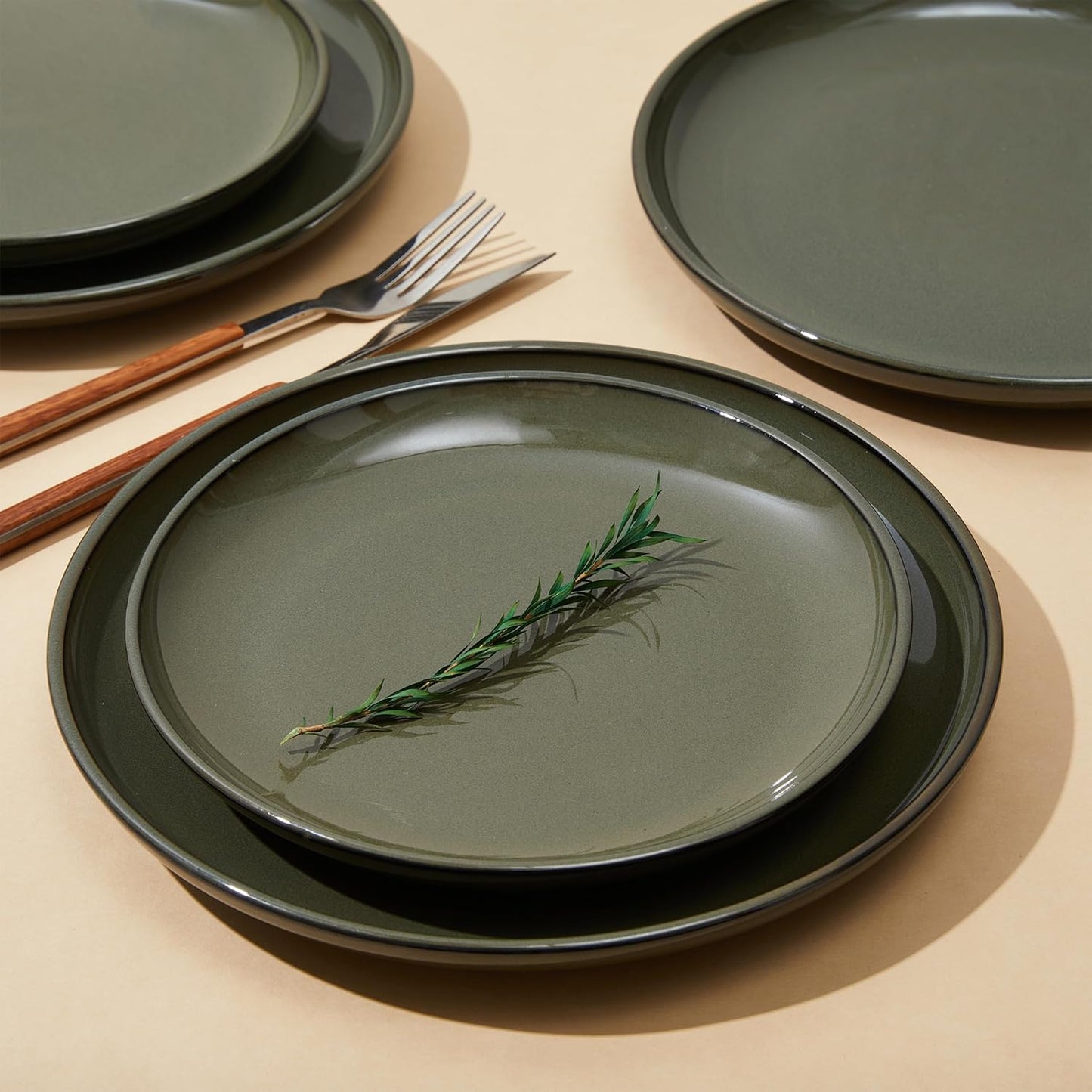 24 Piece Dinnerware Set for 8, Santorini Mist Terracotta Plates and Bowls Sets, Complete Stoneware Dish Set for Large Families and Entertaining, Microwave & Dishwasher Safe, Blackish Green