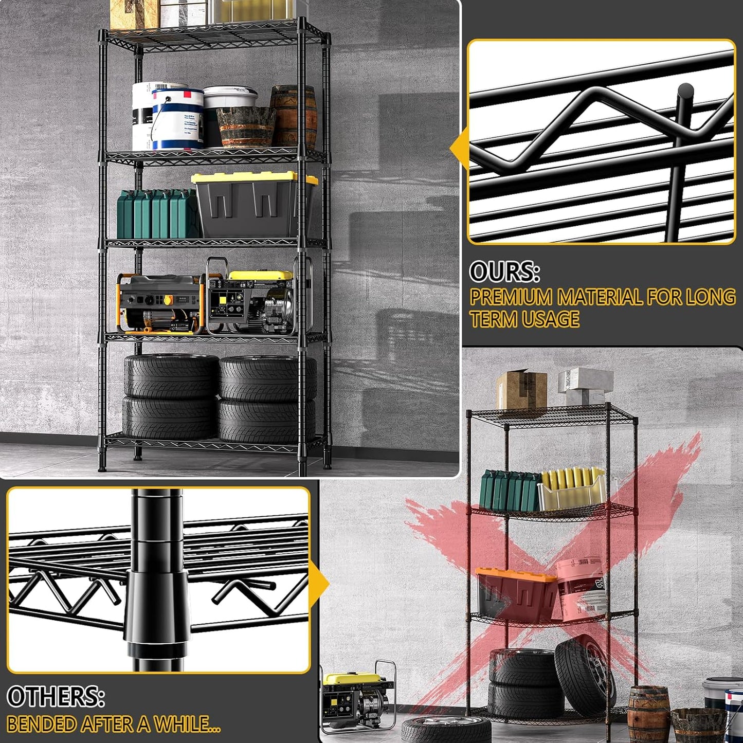 1250 lbs 5 Tier Shelf Metal Storage Shelves Shelving Wire Rack Heavy Duty Closet Organizers for Garage Kitchen Bathroom Laundry Black 13.8" D x 35.4" W x 68.5" H