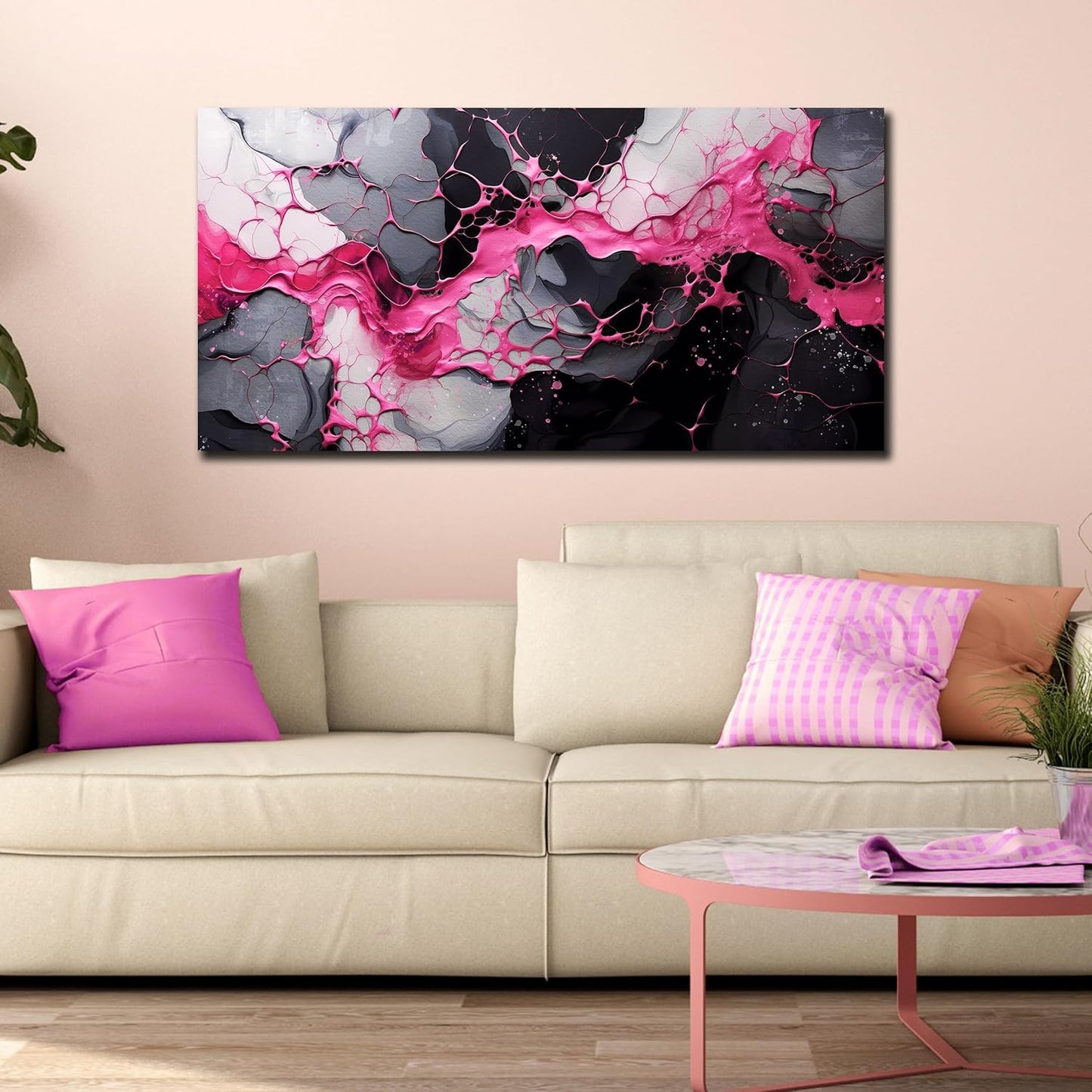 GUGIKA Abstract Wall Art for Living Room, Pink Canvas Wall Decor for Girls Bedroom Decor, Pigment Texture Print, Size 29x59 Inches