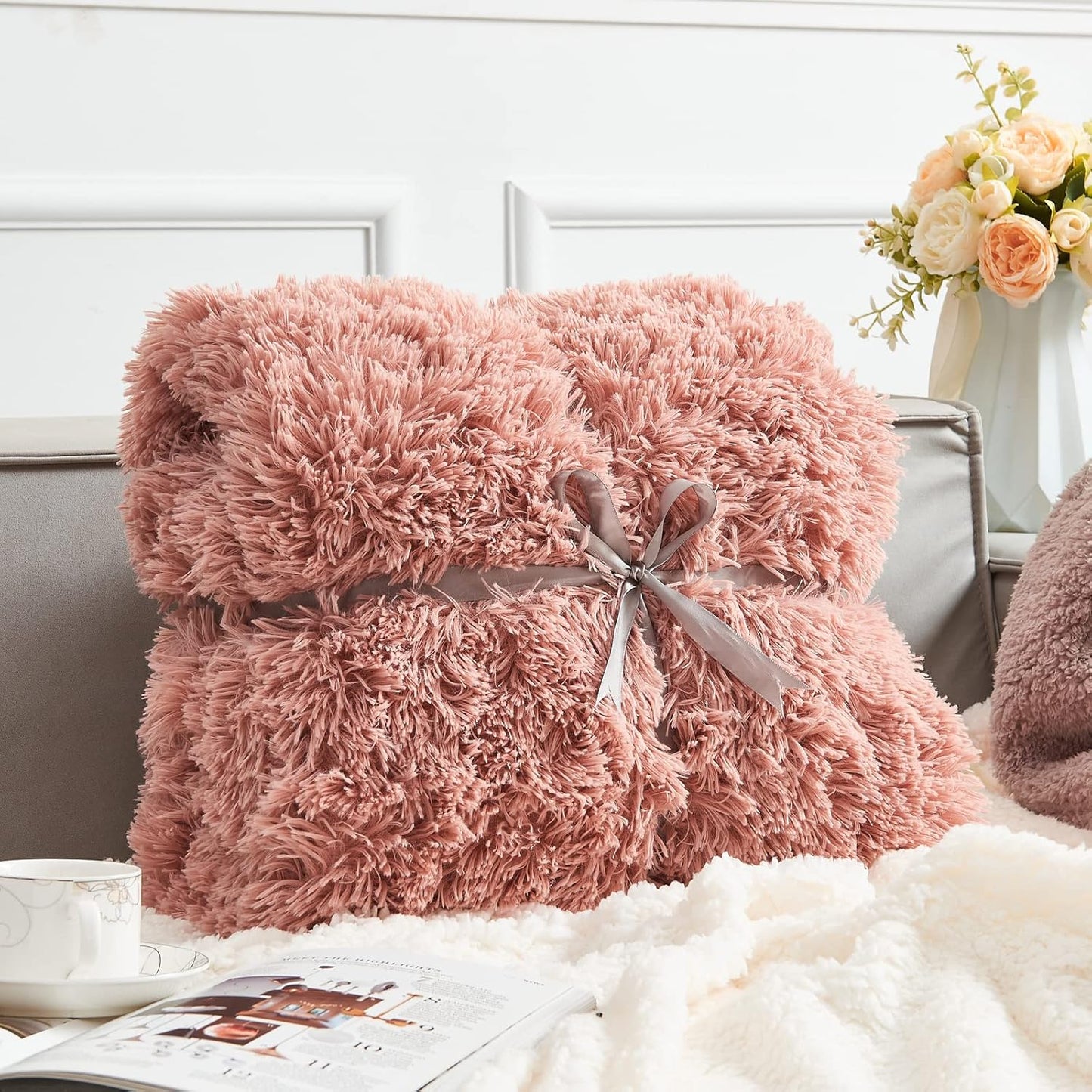 GONAAP Fuzzy Faux Fur Throw Blanket Queen Size Pink Super Soft Cozy Plush Fuzzy Shaggy Blanket for Couch Sofa Bed (Pink, Queen(90"x90"))