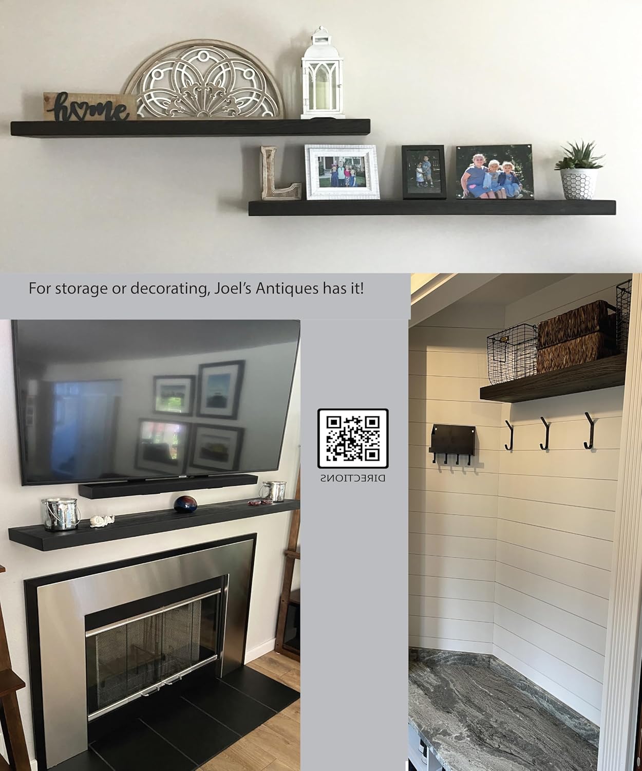 joelsantiques - 60 Inch Wooden Floating Shelves for Wall - 60x6x2 in - Made of Natural Wood - Long Heavy Duty Rustic Wall Shelves for Bedroom - Perfect for Living Room, Kitchen - Black