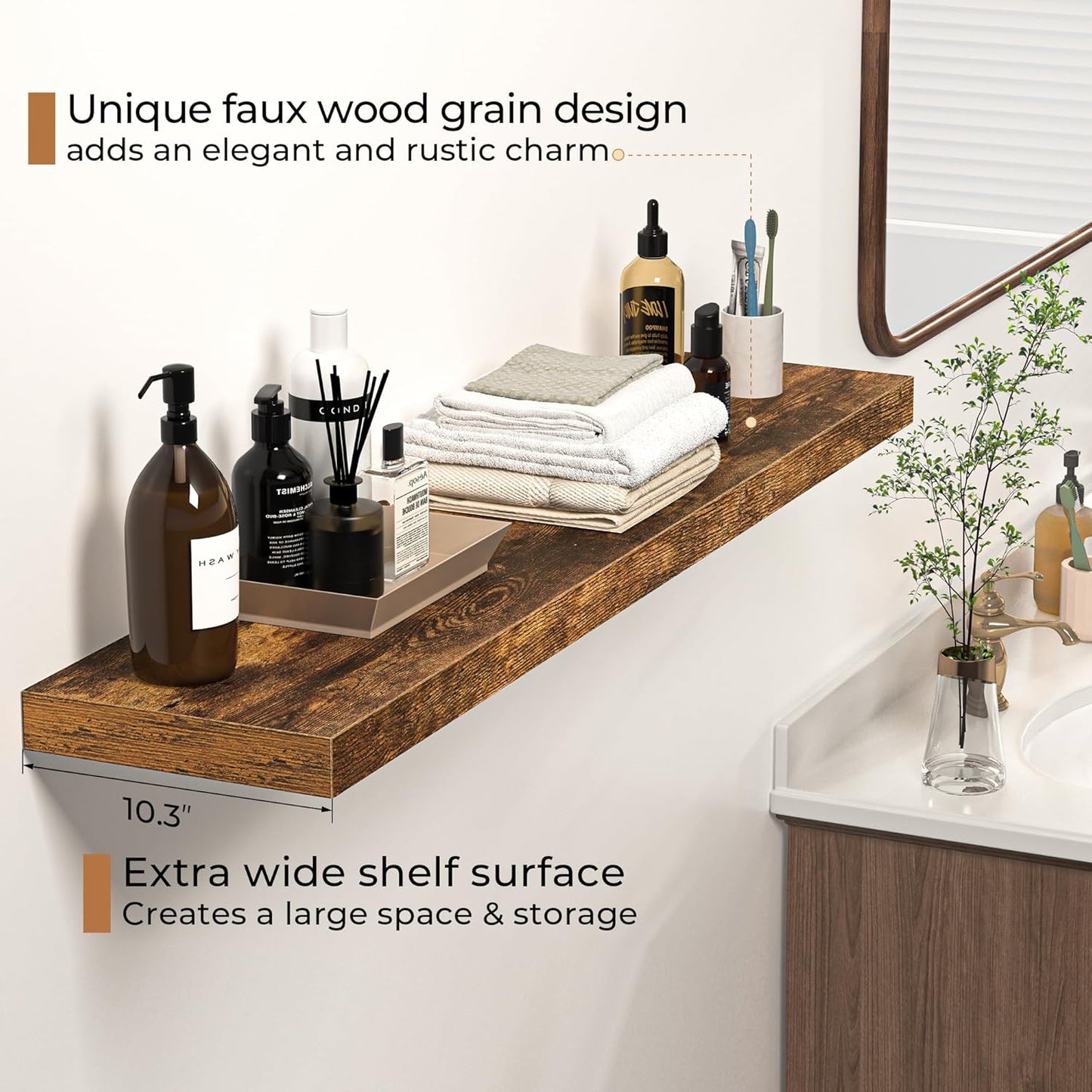 Floating Shelves - 10.23 Inch Deep Wall Shelf for Decor & Storage - Wall Mounted Display Shelving with Invisible Heavy-Duty Metal Bracket - 48" W x 10.23" D x 1.8" H - Set of 1 - Rustic Brown