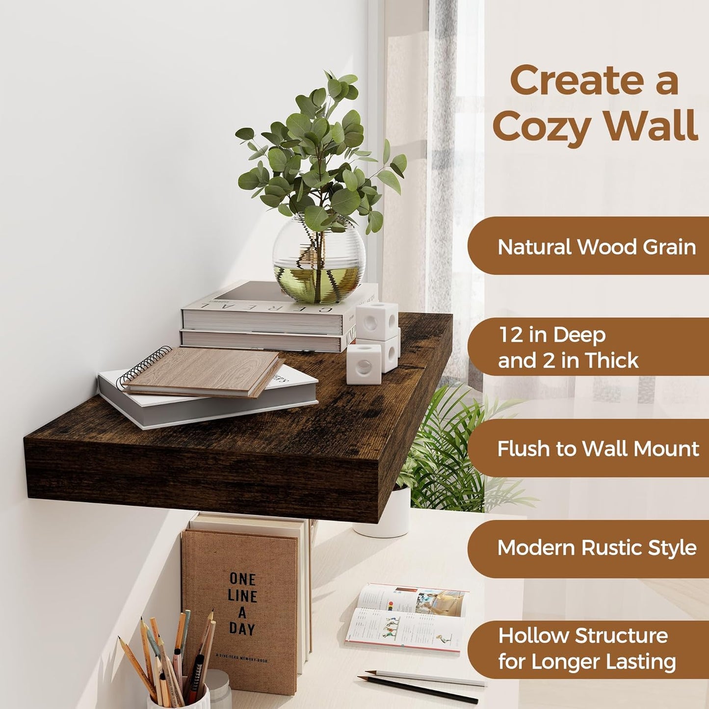 12 Inch Deep Floating Shelves, 24 x 12 Floating Shelf for Books, Rustic Wood Deep Wall Shelves for Home Storage & Display, 2" Thicked Shelves for Kitchen, Living Room, Bedroom, Rustic Brown, 2 Pack