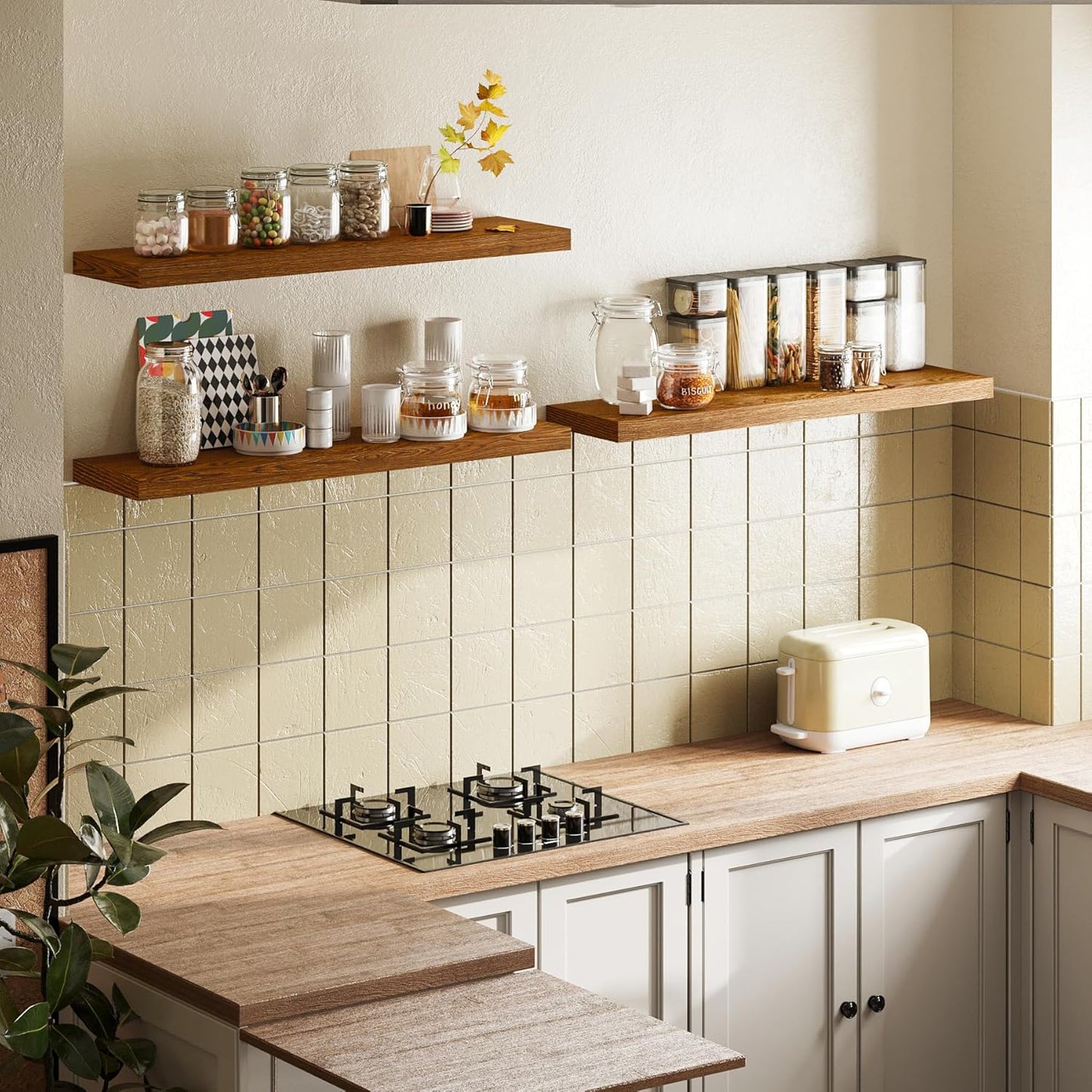 BAMEOS Floating Shelves, American Oak Wall Mounted Wooden Shelves with Invisible Brackets Set of 3, Hanging Wall Shelves Decoration for Bedroom, Bathroom, Living Room and Kitchen