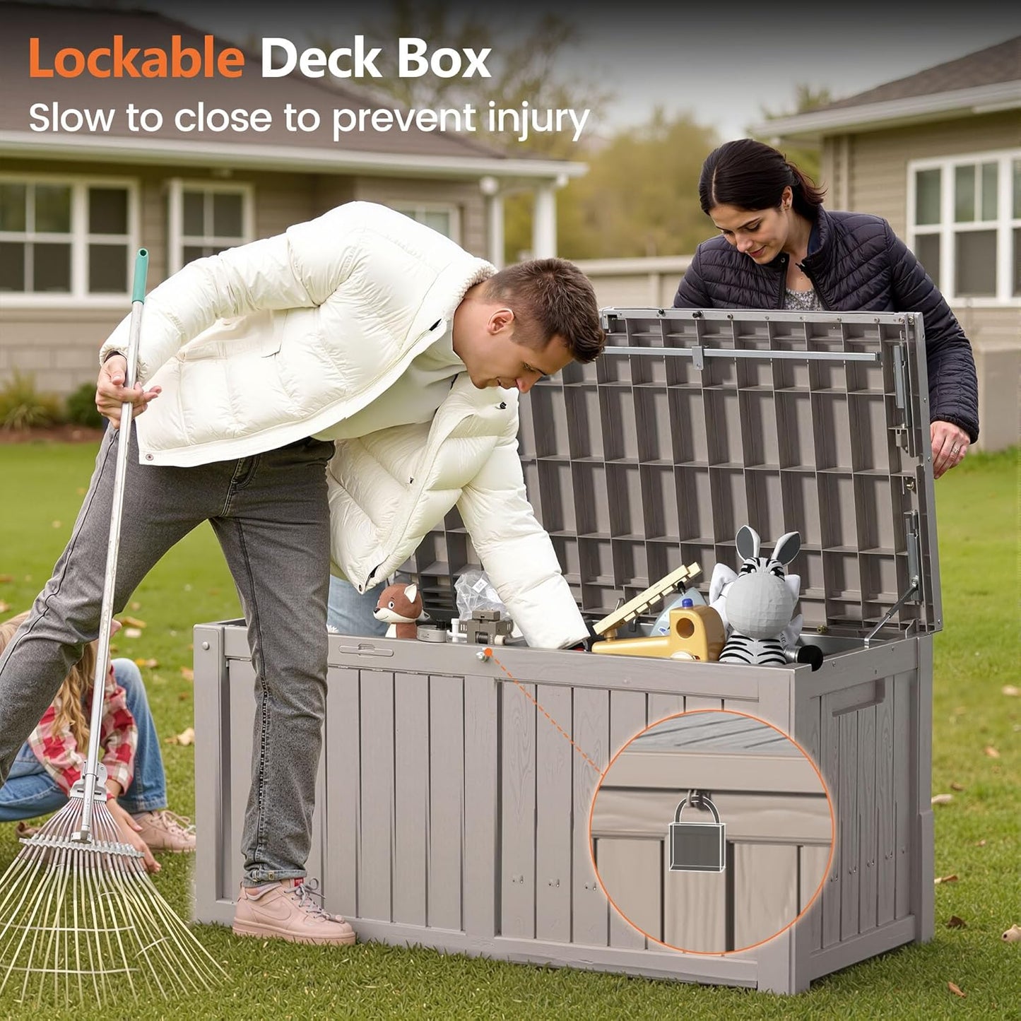 120 Gallon Outdoor Storage Box - Waterproof Resin Deck Box with Stainless Steel Rods - Lockable & UV Resistant Storage Bin for Patio Cushions & Garden Tools - Stylish Grey Design