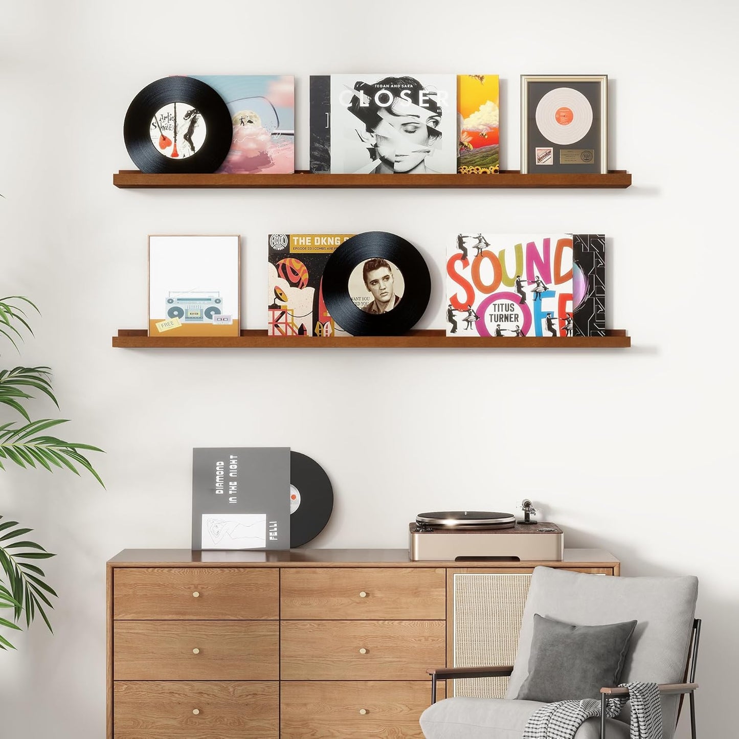 Picture Ledge Wall Shelves 24 inch Width Set of 2, Solid Pine Wood Rustic Floating Ledge Shelves for Wall for Kids' Room Bedroom Kitchen Bathroom Living Room Nursery Display Wall Decor, Walnut