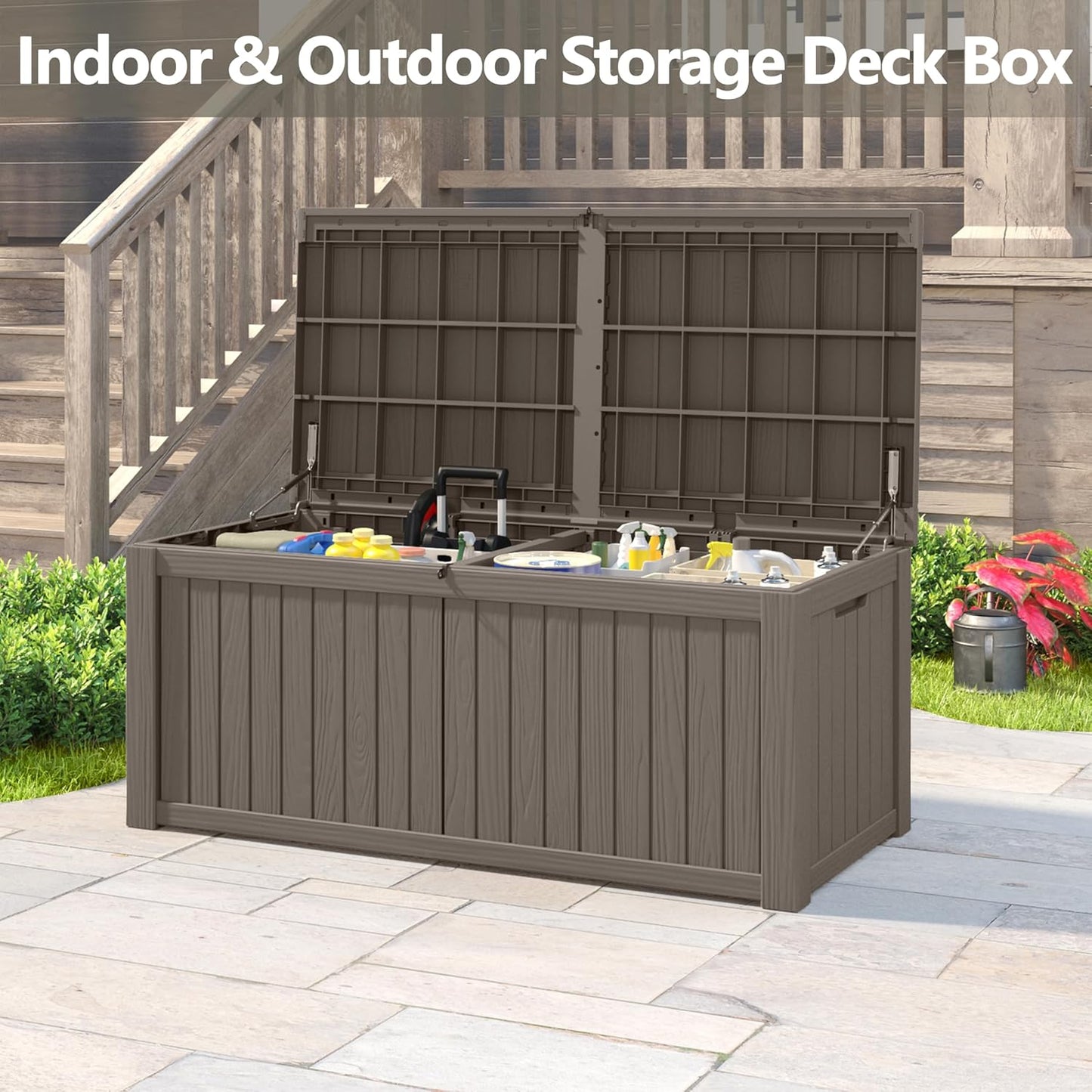 150 Gallon Resin Deck Box, Large Indoor and Outdoor Storage Box, Weatherproof and UV Resistant Outdoor Storage Box with Built-in Steel Beams for Patio, Cushions, Pool Supplies