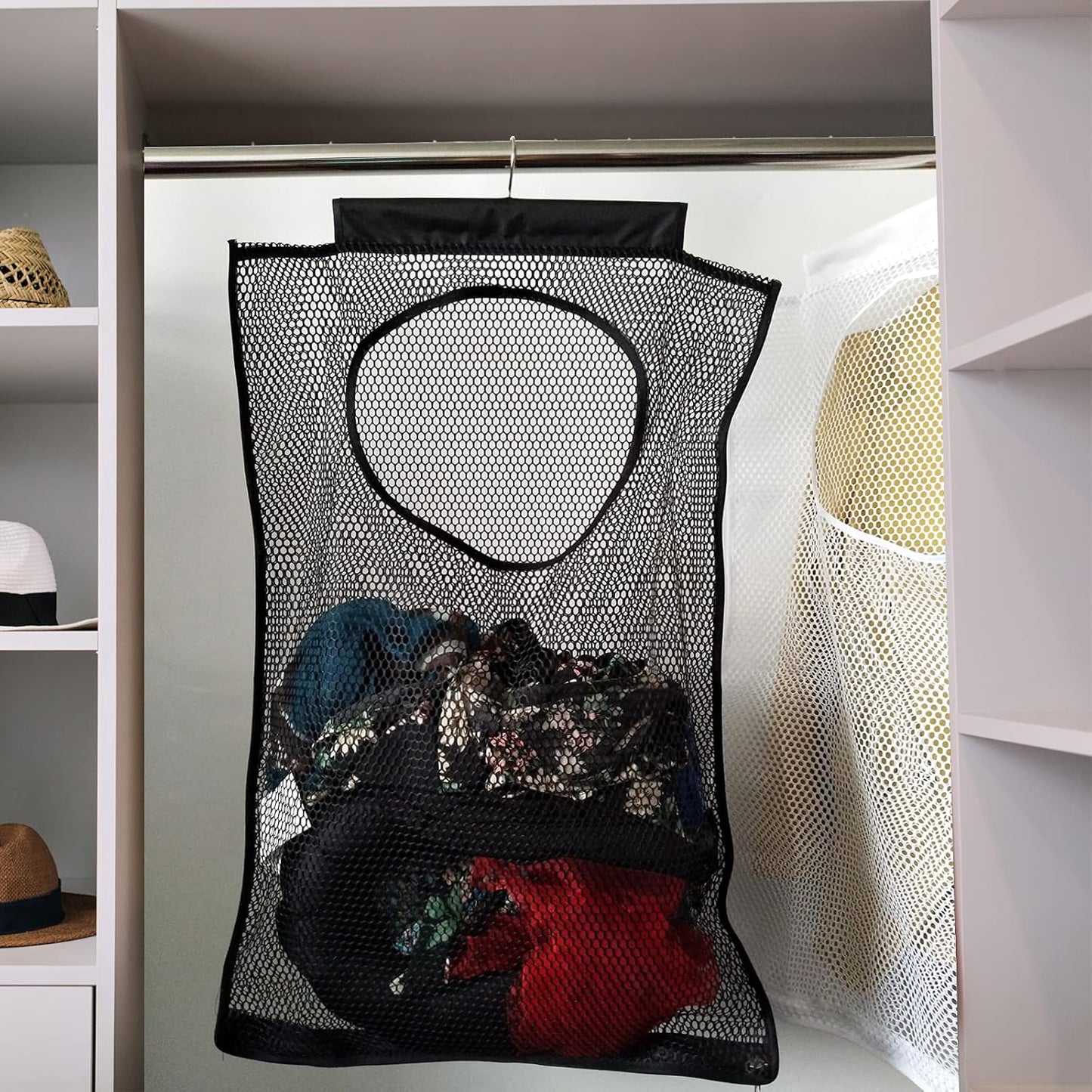 Hanging Mesh Laundry Hamper (30in*20in*2in) Large Dirty Clothes Bag, Can Be Used Behind The Door & Closet & Caravan& Bathroom (Black)