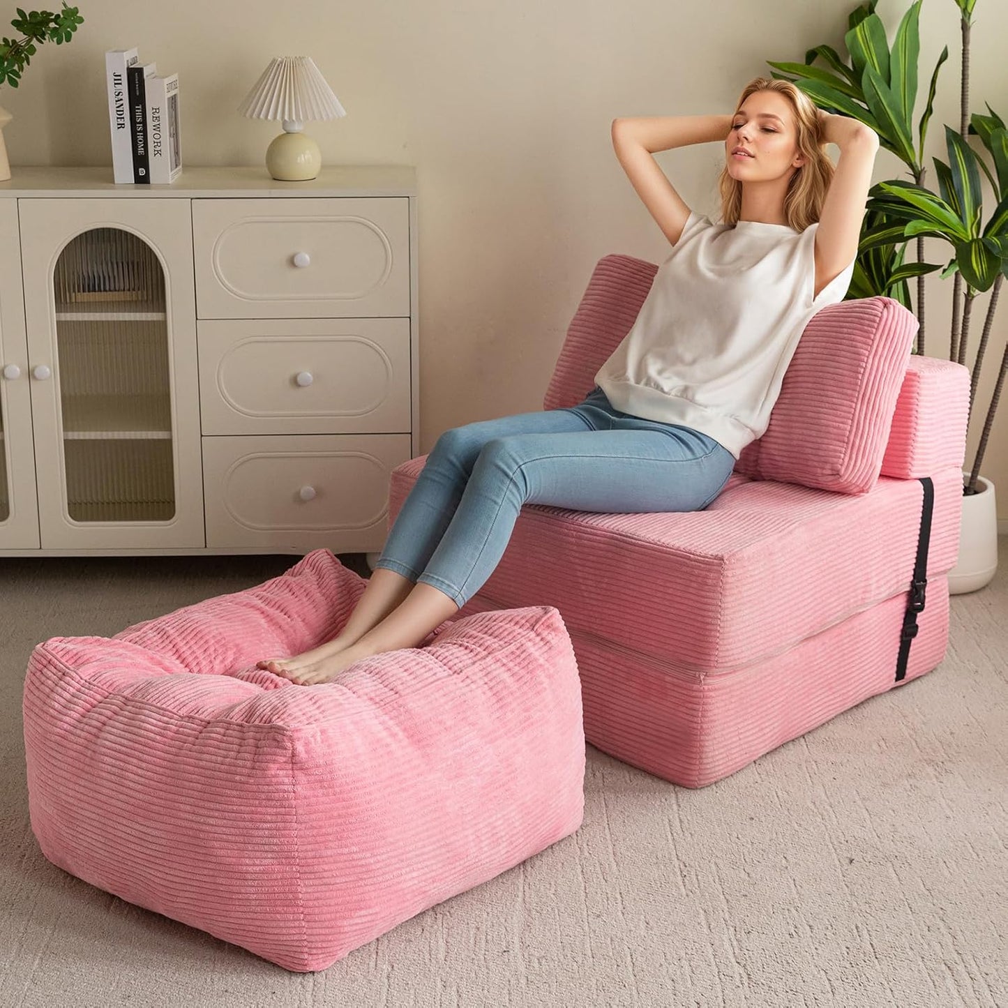 HIGOGOGO Square Stuffed Pouf Ottoman, Corduroy Poufs with Foam Chunk Filling, Furry and Fluffy Pouf Foot Stool Storage Ottoman, 21 X 21 Floor Poufs Foot Rest for Living Room, Pink