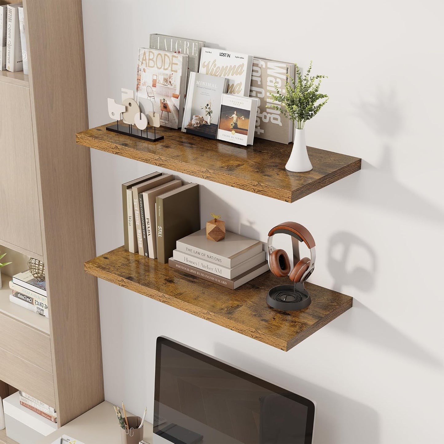 32" Floating Shelves for Wall, 12" Deep Slim Rustic Brown Floating Shelves, Wall-Mounted Shelves for Bedroom, Living Room, Kitchen, Bathroom - Set of 2