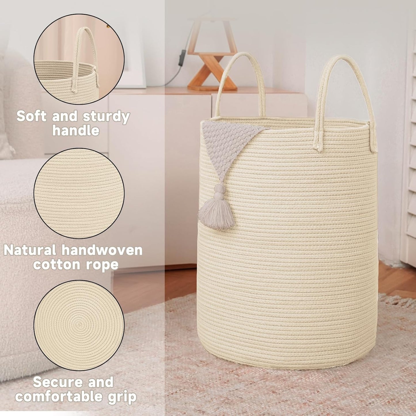 Large Woven Laundry Basket Hamper,80L Cotton Rope Storage Bin for Blankets,Toys and Clothes,Decorative Tall Nursery Hamper for Living Room,Baby Nursery,Bathroom and Bedroom,Beige