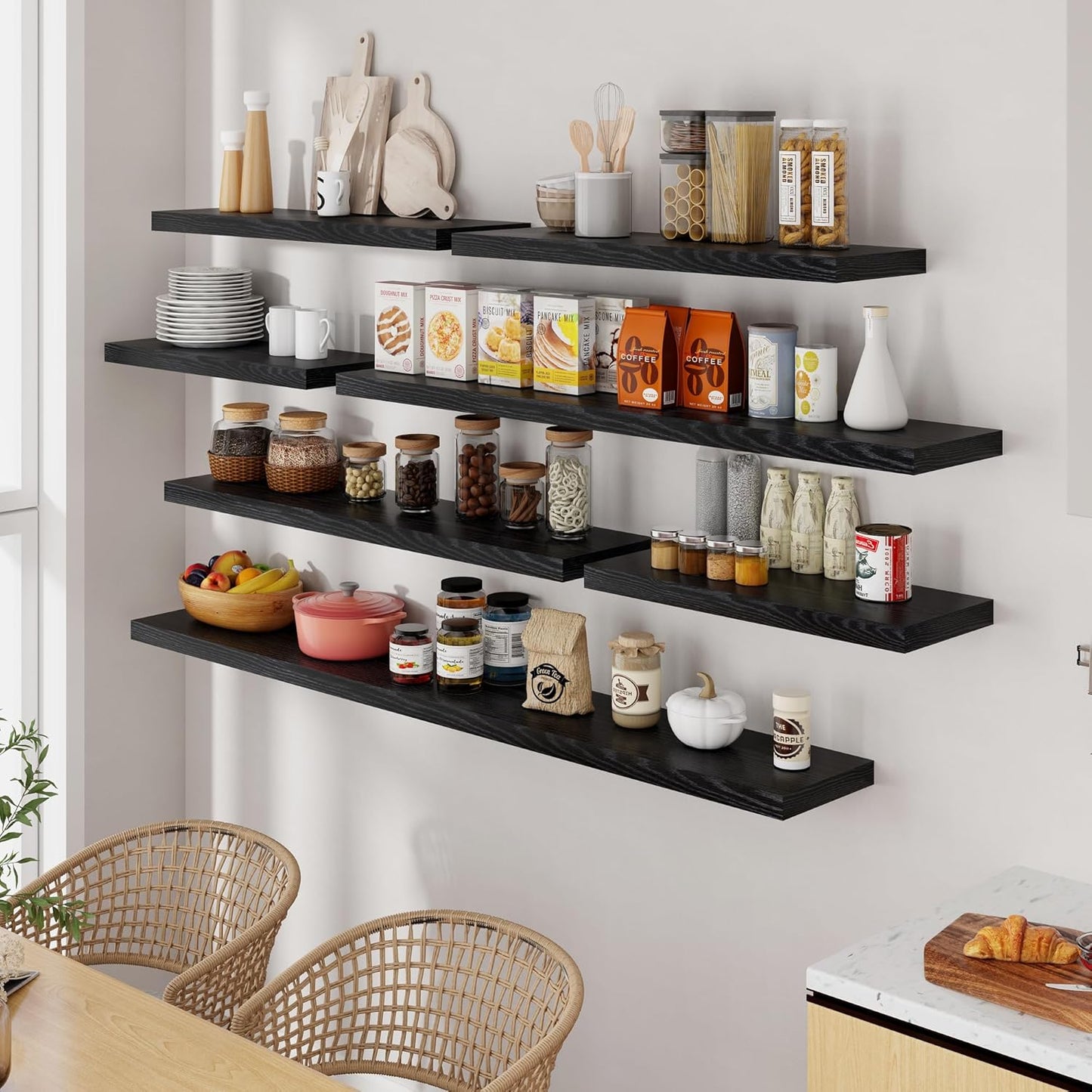 55 Inch Floating Shelves Black, Rustic Wood Floating Shelf Wall Mounted, 9 Inch Deep Floating Shelf for Kitchen, Bedroom, 55 x 9 Wall Shelves for Home Storage, Set of 1