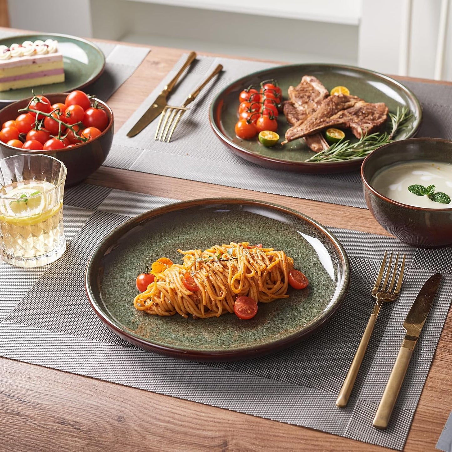 24 Piece Dinnerware Sets for 8, Modern Stoneware Plates and Bowls Setst, Perfect for Family Gatherings & Holiday Celebrations, Easy Cleaning Dishes Set, Stack Compactly Dishware, Brown Green