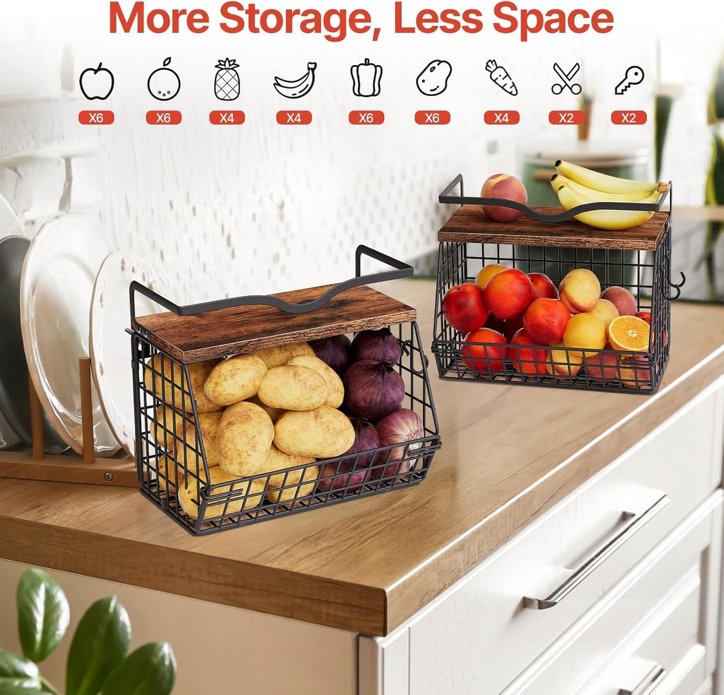 2 Pack Fruit Bowl Hanging Fruit Basket for Kitchen Counter ,Stackable Wire Baskets for Onion Storage and Potato Storage with Wood Lid,Vegetable Fruit Basket with Banana Hooks