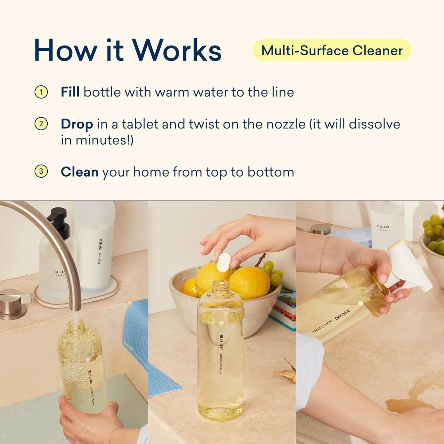 BLUELAND Multi-surface Cleaner, 10 Refill Tablets, Fresh Lemon Scent, All-Purpose, Eco-Friendly Cleaning Supplies, 10 x 24 Fl oz