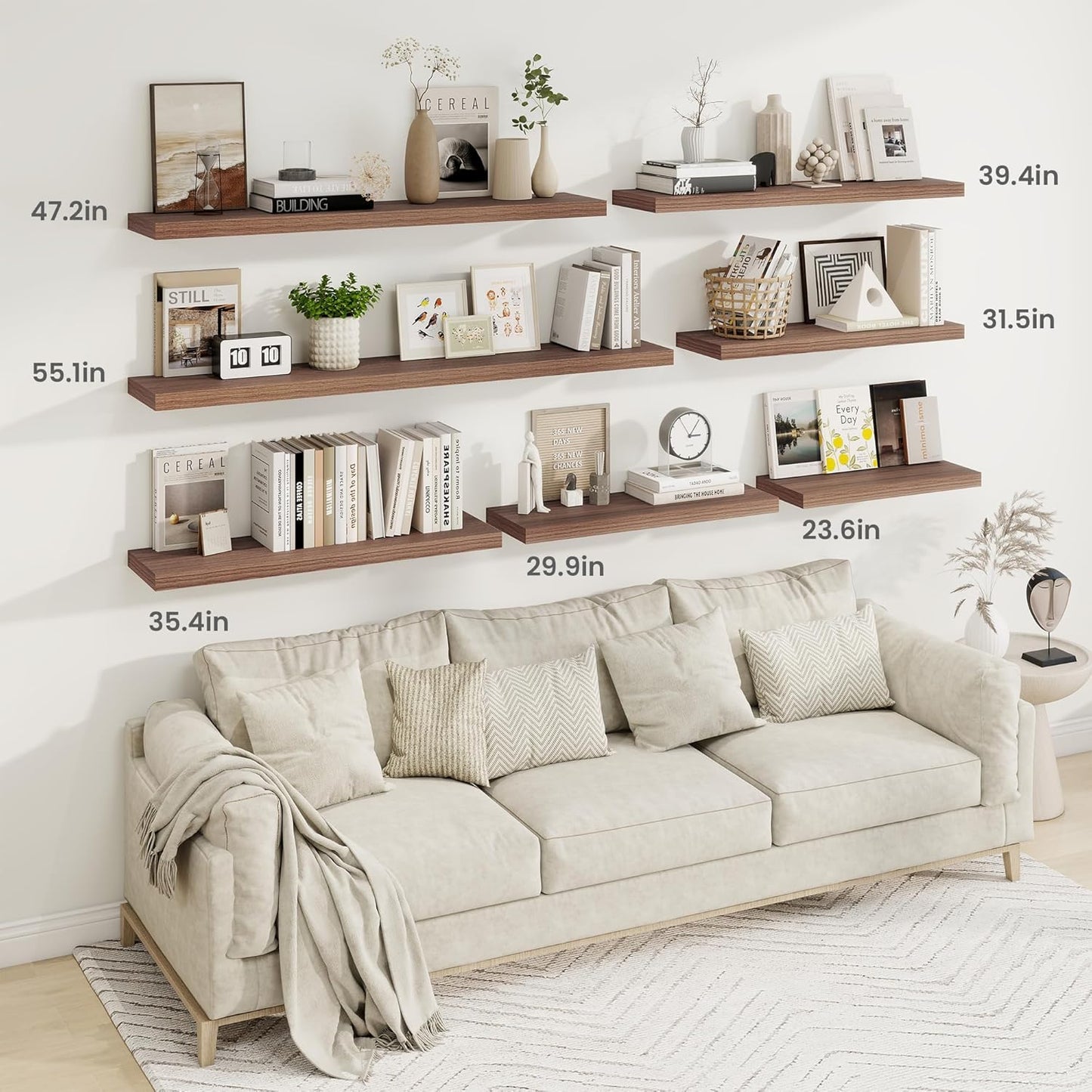 Fun Memories 48 Inch Deep Floating Shelves for Wall, 2 Pack of Long Wall Mounted Wood Shelves with Invisible Brackets for Bathroom, Bedroom, Living Room, Kitchen Decor and Storage, Walnut