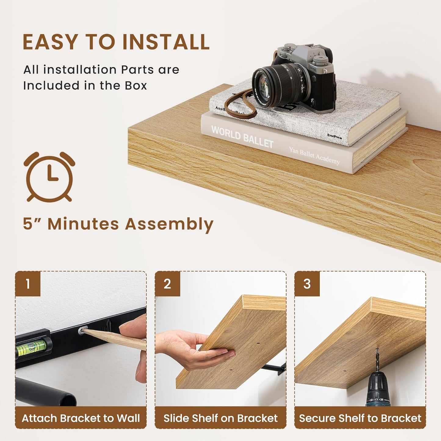 fuqing Floating Shelves for Wall, Bathroom Shelf Wall Mounted for Storage, Shelves with Invisible Bracket for Bedroom, Kitchen, Living Room, Farmhouse Small Book Shelf, 40 Inch Set of 2, Oak