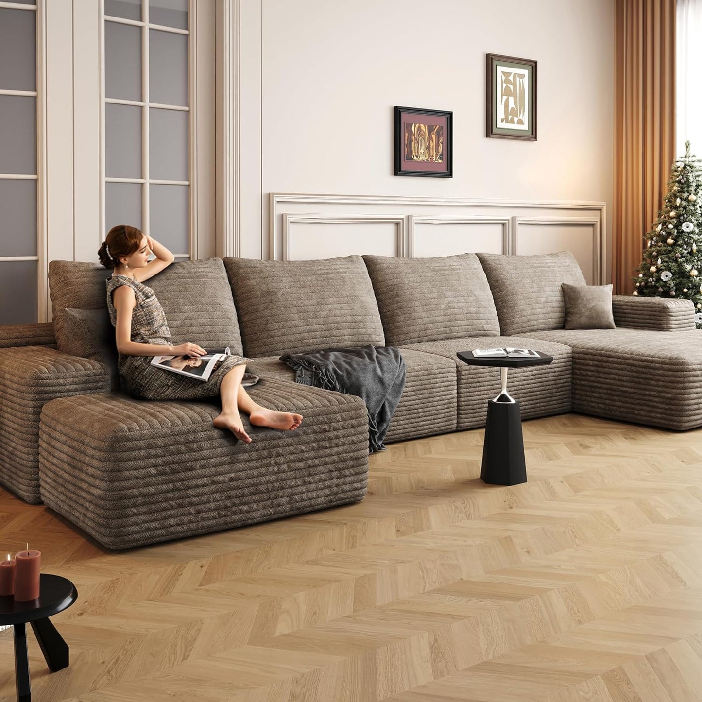 136" Sectional Couches for Living Room Modern Modular Sofa with L-Shape Couchs Upholstered Boneless Couch Deep Seat Sectional Couch with Chaise (Camel, Right Facing Chaise+3Seaters+Ottoman)