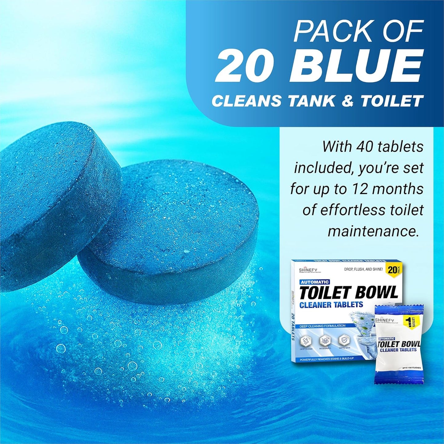Automatic Toilet Bowl Cleaner Tablets – 20 Tabs - Blue Gel Toilet Tank Cleaners, Hard Water Ring Remover, Septic-Safe Heavy-Duty Stain & Smell Eliminator, Toilet Cleaning & Deodorizer